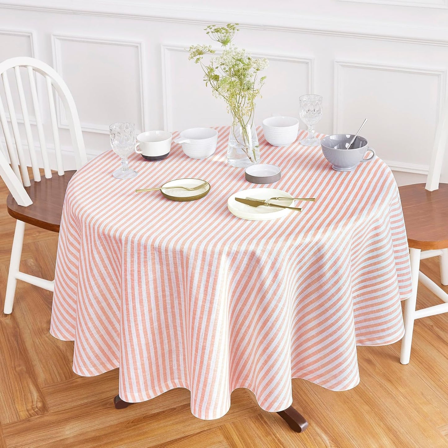 Solino Home Linen Round Tablecloth 70 Inch - Amalfi Stripe, 100% Pure Linen Violet and White Round Tablecloth - Machine Washable Table Cloth for Summer