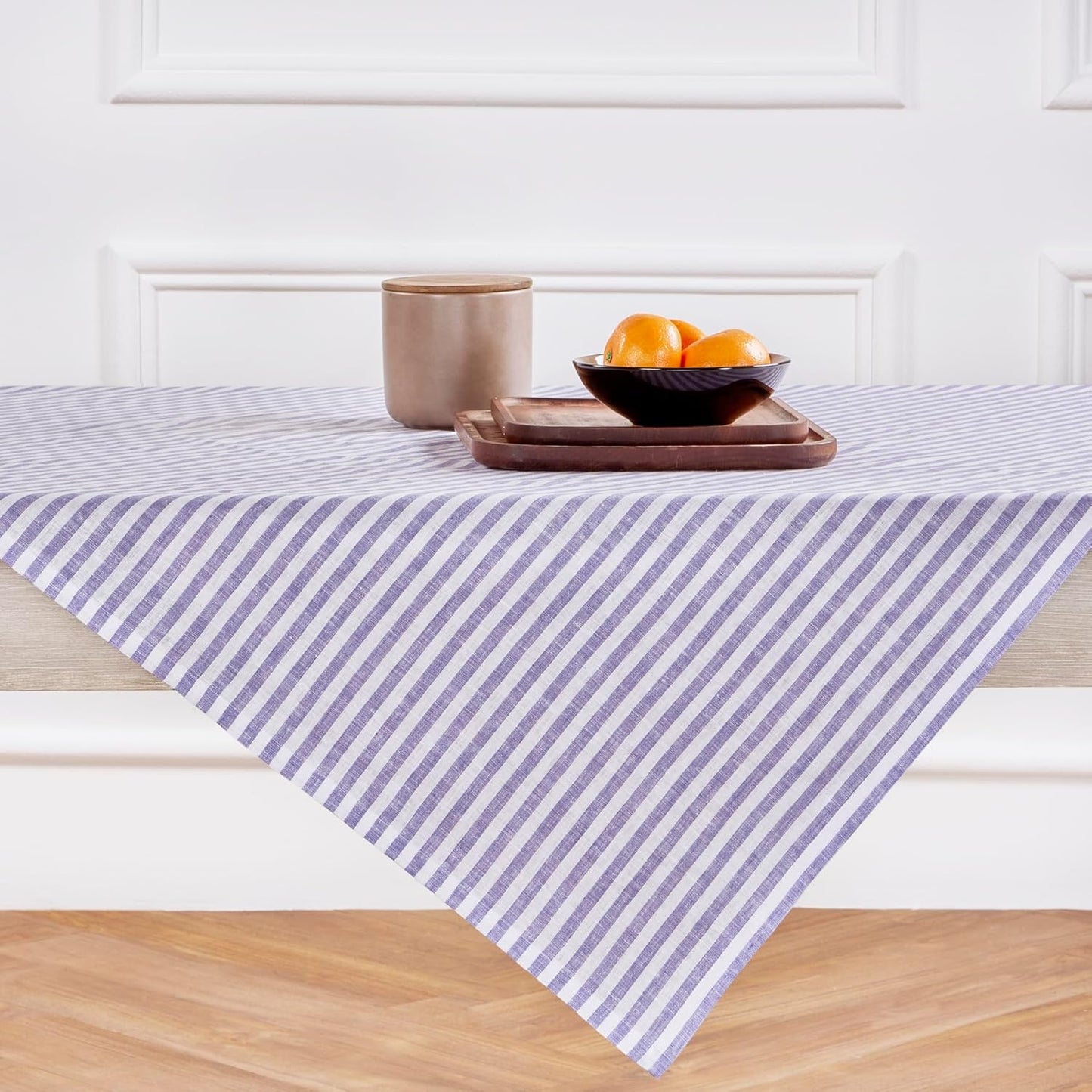 Solino Home Linen Round Tablecloth 70 Inch - Amalfi Stripe, 100% Pure Linen Violet and White Round Tablecloth - Machine Washable Table Cloth for Summer