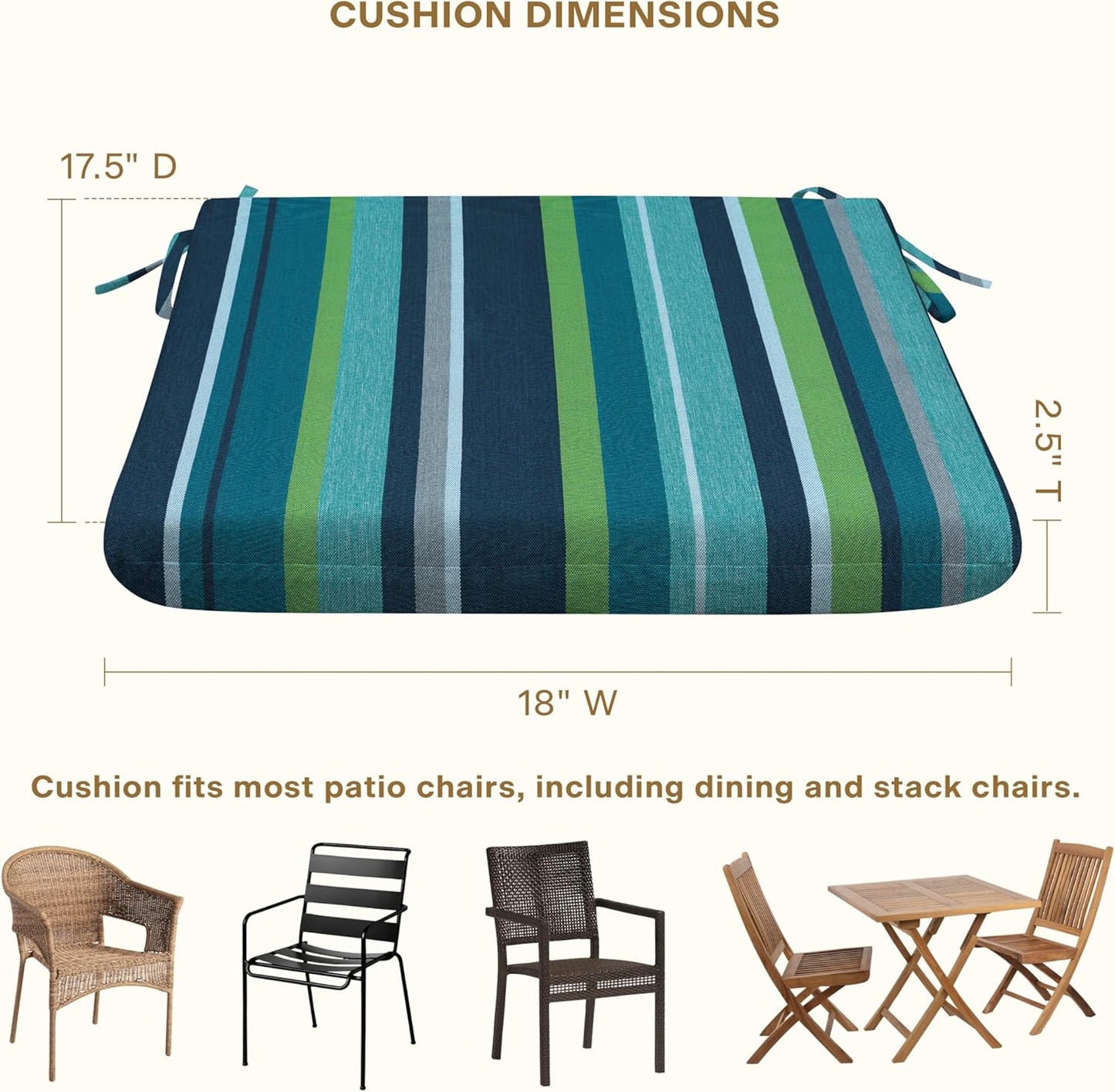 Honeycomb Outdoor Set of 2 Seat Pads, 18 x 17.5, Stripe Poolside Universal Chair Cushions for Patio Furniture