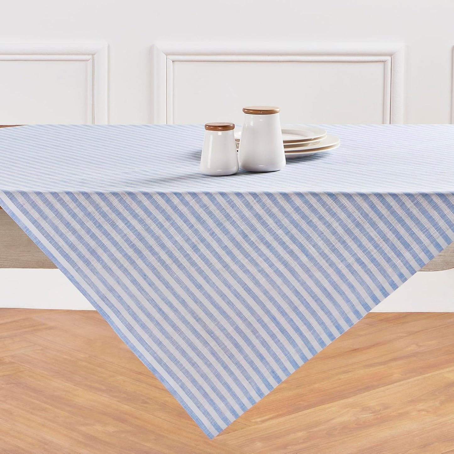 Solino Home Linen Round Tablecloth 70 Inch - Amalfi Stripe, 100% Pure Linen Violet and White Round Tablecloth - Machine Washable Table Cloth for Summer