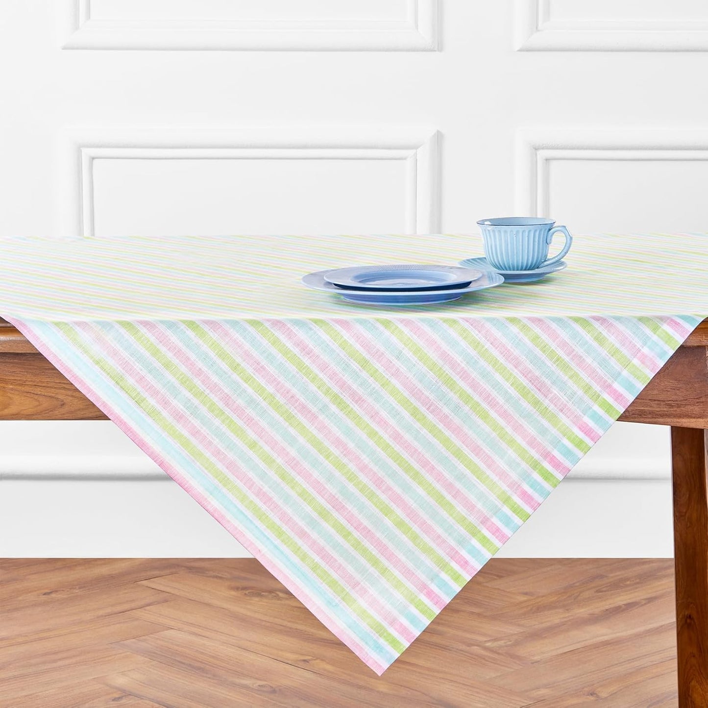 Solino Home Linen Round Tablecloth 70 Inch - Amalfi Stripe, 100% Pure Linen Violet and White Round Tablecloth - Machine Washable Table Cloth for Summer
