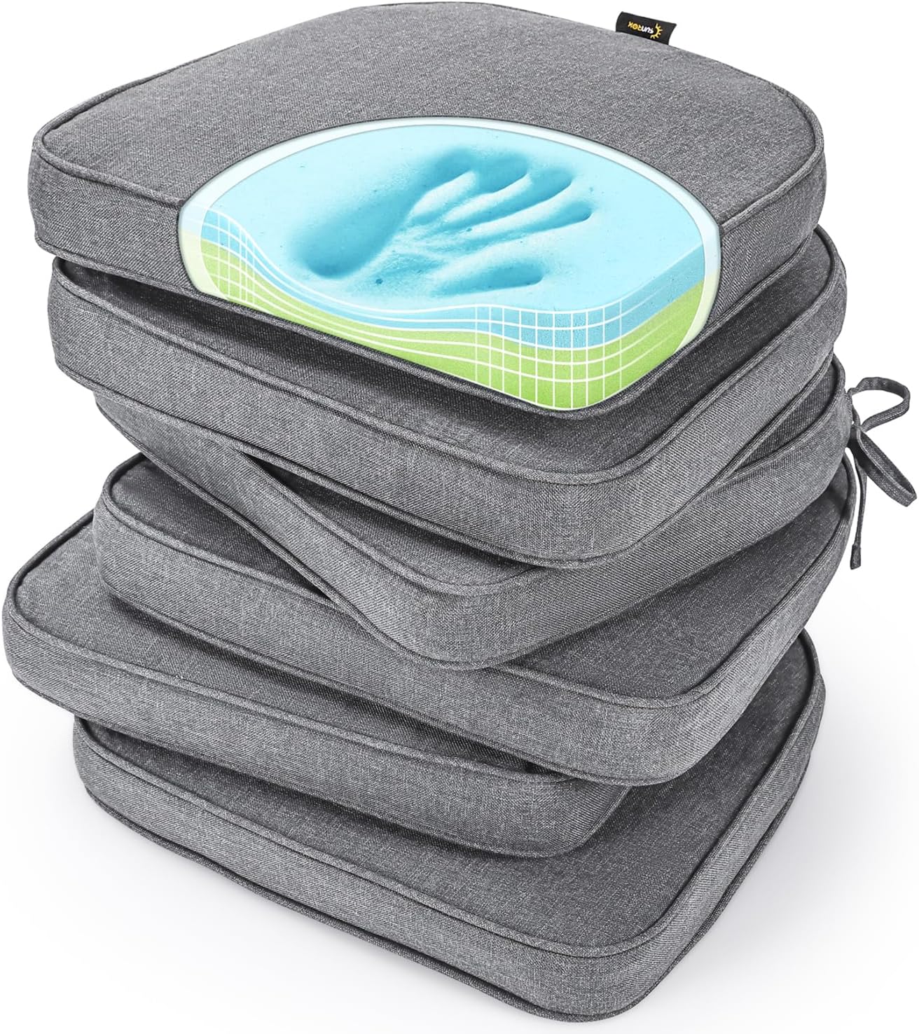 SUNROX Gel Memory Foam Chair Cushions, FadeShield Water-, Stain-Resistant Durable Reversible Seat Cushion Pads with Ties for Indoor/Outdoor Kitchen Dining Office, 17"x16", Set of 6, Heather Grey