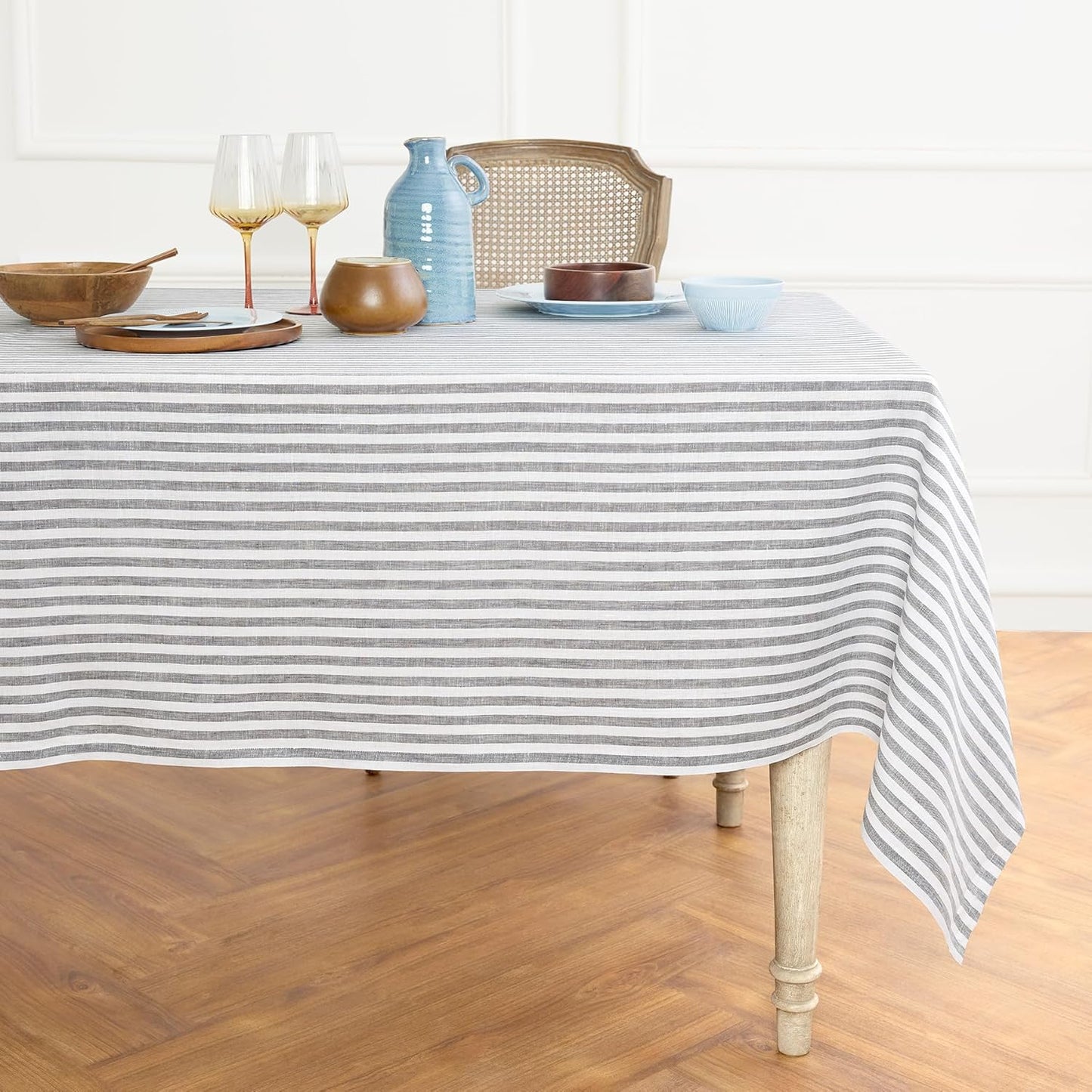 Solino Home Linen Round Tablecloth 70 Inch - Amalfi Stripe, 100% Pure Linen Violet and White Round Tablecloth - Machine Washable Table Cloth for Summer