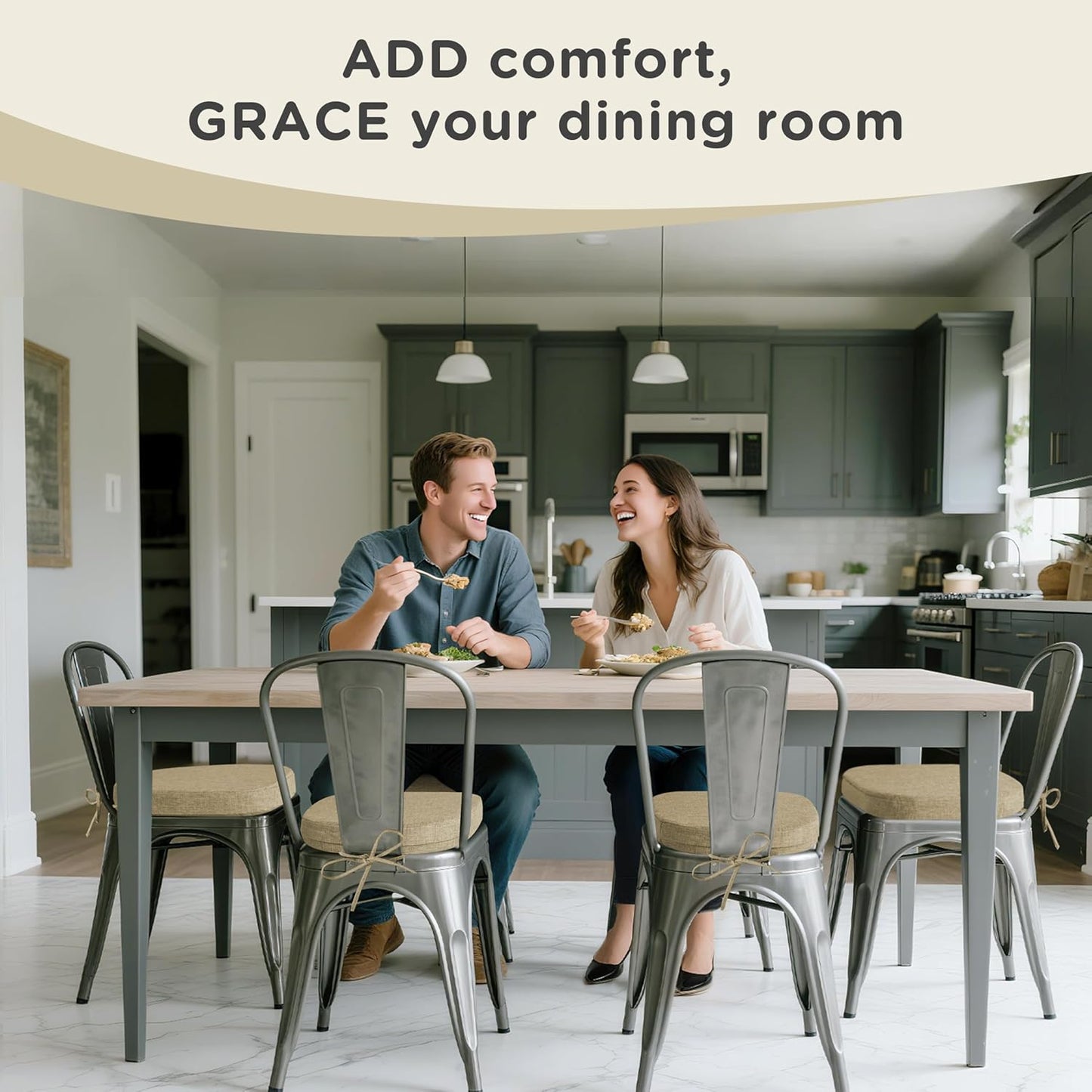 AddGrace Set of 6 Chair Cushions for Metal Dining Chairs 14x14 Chair Pads with Ties Non Slip Thick Seat Cushions with Textured and Removable Cover Beige
