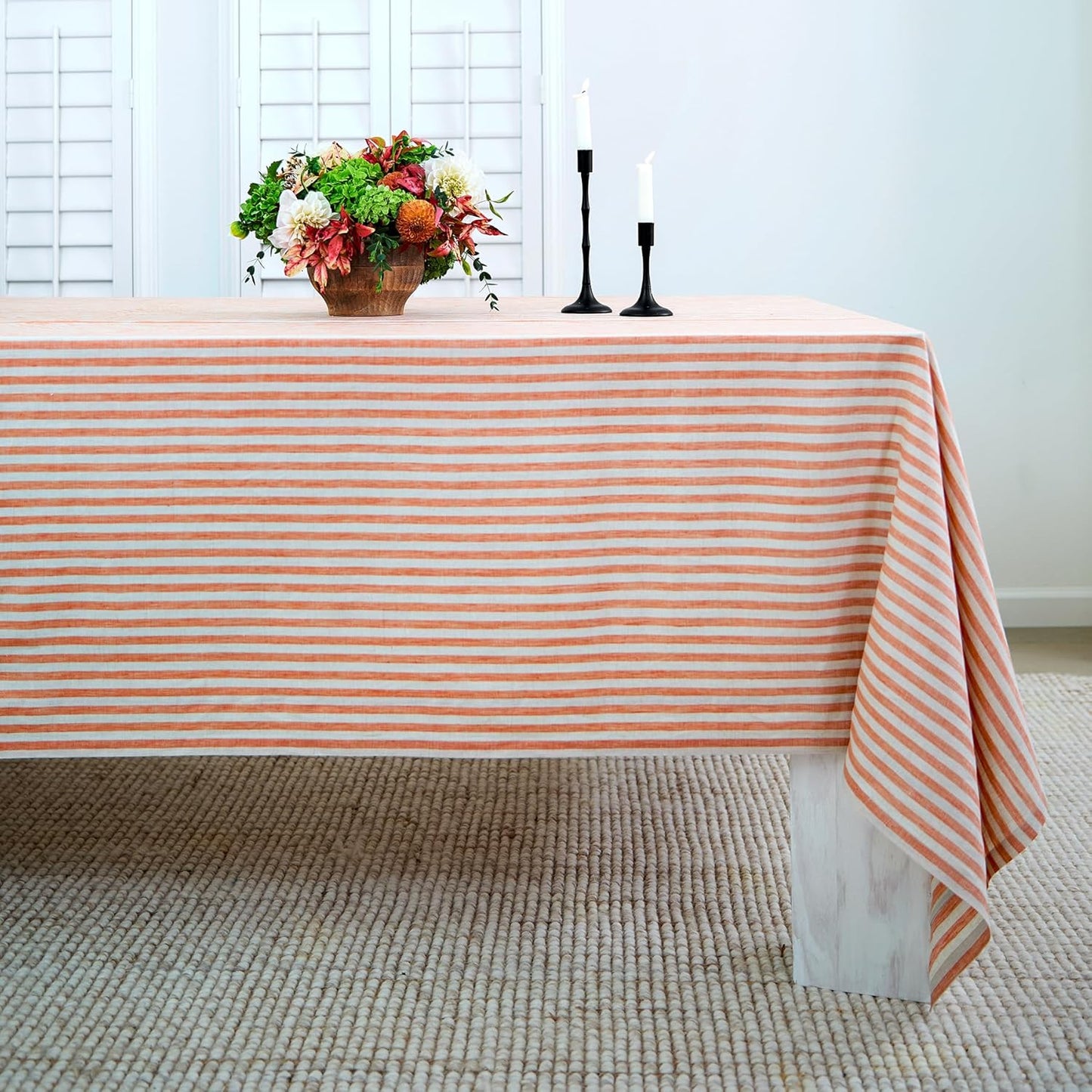 Solino Home Linen Round Tablecloth 70 Inch - Amalfi Stripe, 100% Pure Linen Violet and White Round Tablecloth - Machine Washable Table Cloth for Summer