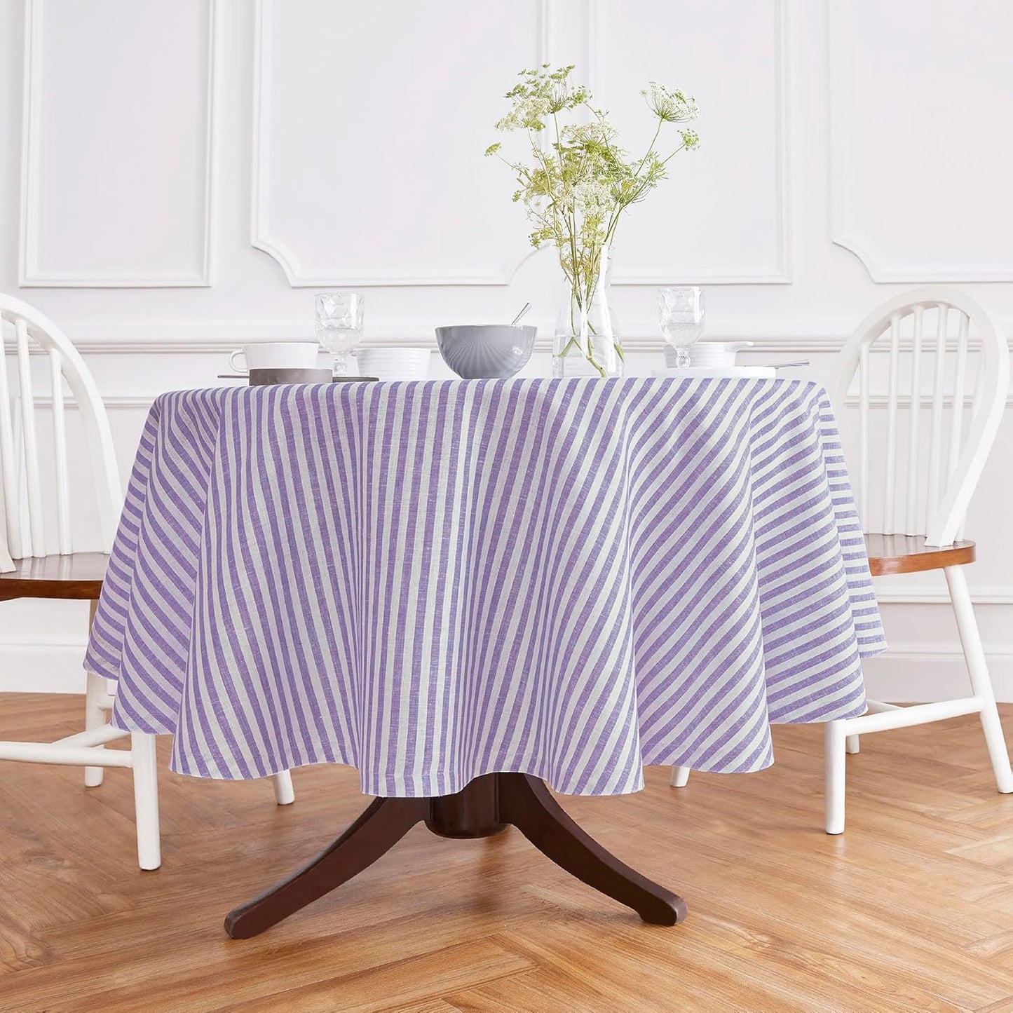 Solino Home Linen Round Tablecloth 70 Inch - Amalfi Stripe, 100% Pure Linen Violet and White Round Tablecloth - Machine Washable Table Cloth for Summer