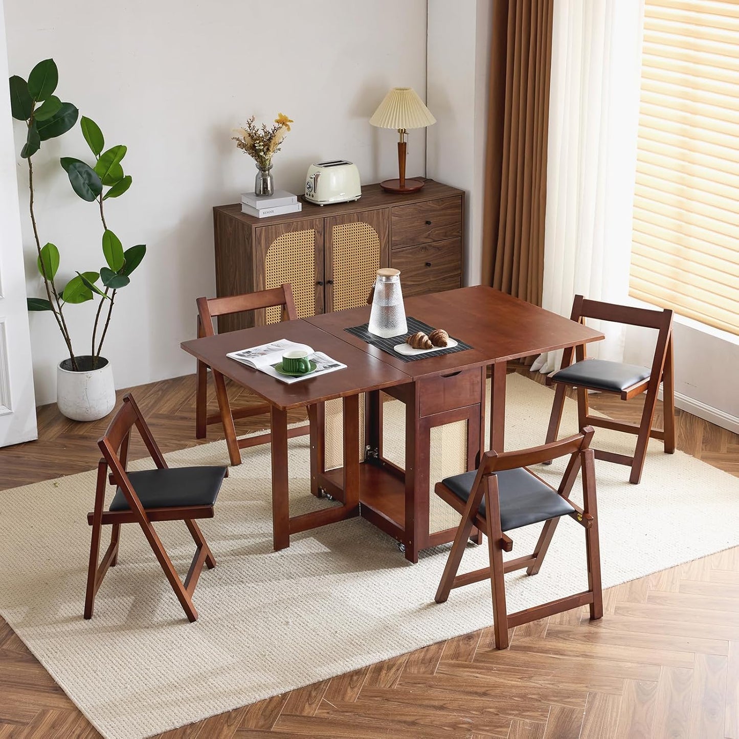 VINGLI 5-Piece Folding Dining Table Set, Extendable Drop Leaf Solid Wood Table with 4 Chairs, Drawers & Wheels, Space-Saving Design for Kitchen, Natural
