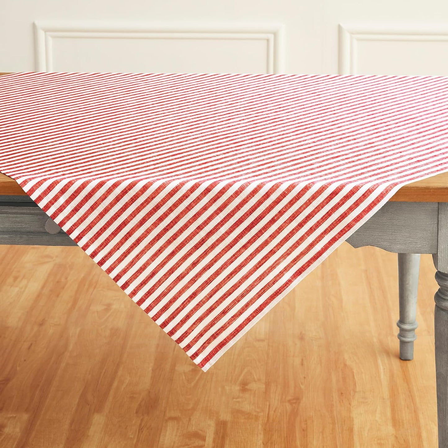 Solino Home Linen Round Tablecloth 70 Inch - Amalfi Stripe, 100% Pure Linen Violet and White Round Tablecloth - Machine Washable Table Cloth for Summer
