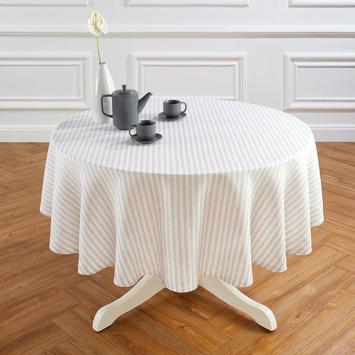 Solino Home Linen Round Tablecloth 70 Inch - Amalfi Stripe, 100% Pure Linen Violet and White Round Tablecloth - Machine Washable Table Cloth for Summer