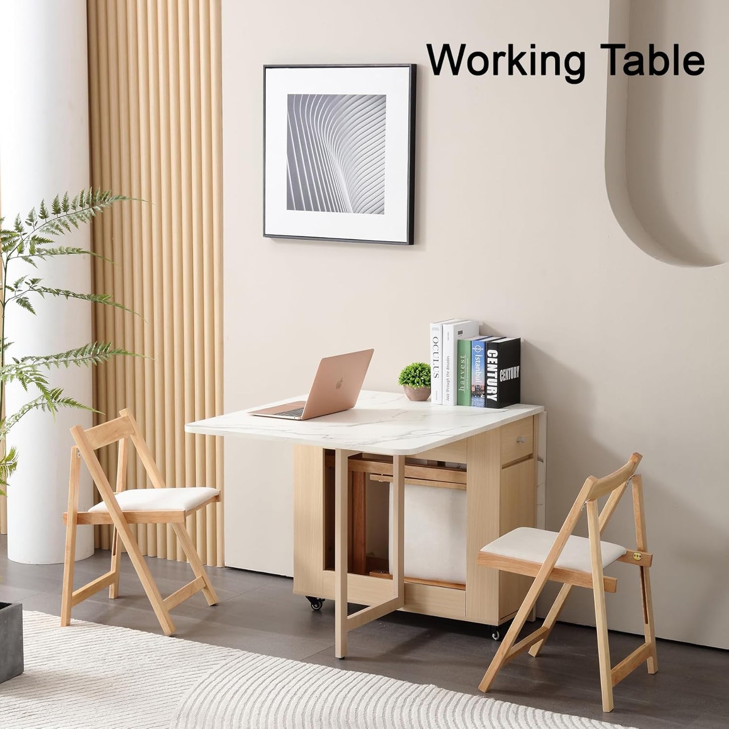 Drop Leaf Table Extendable, Foldable Kitchen Table Space Saving, Folding Dining Table with 2 Drawers and 4 Wheels, Dining Table for Living Room, Farmhouse, RV(Marble Wood)