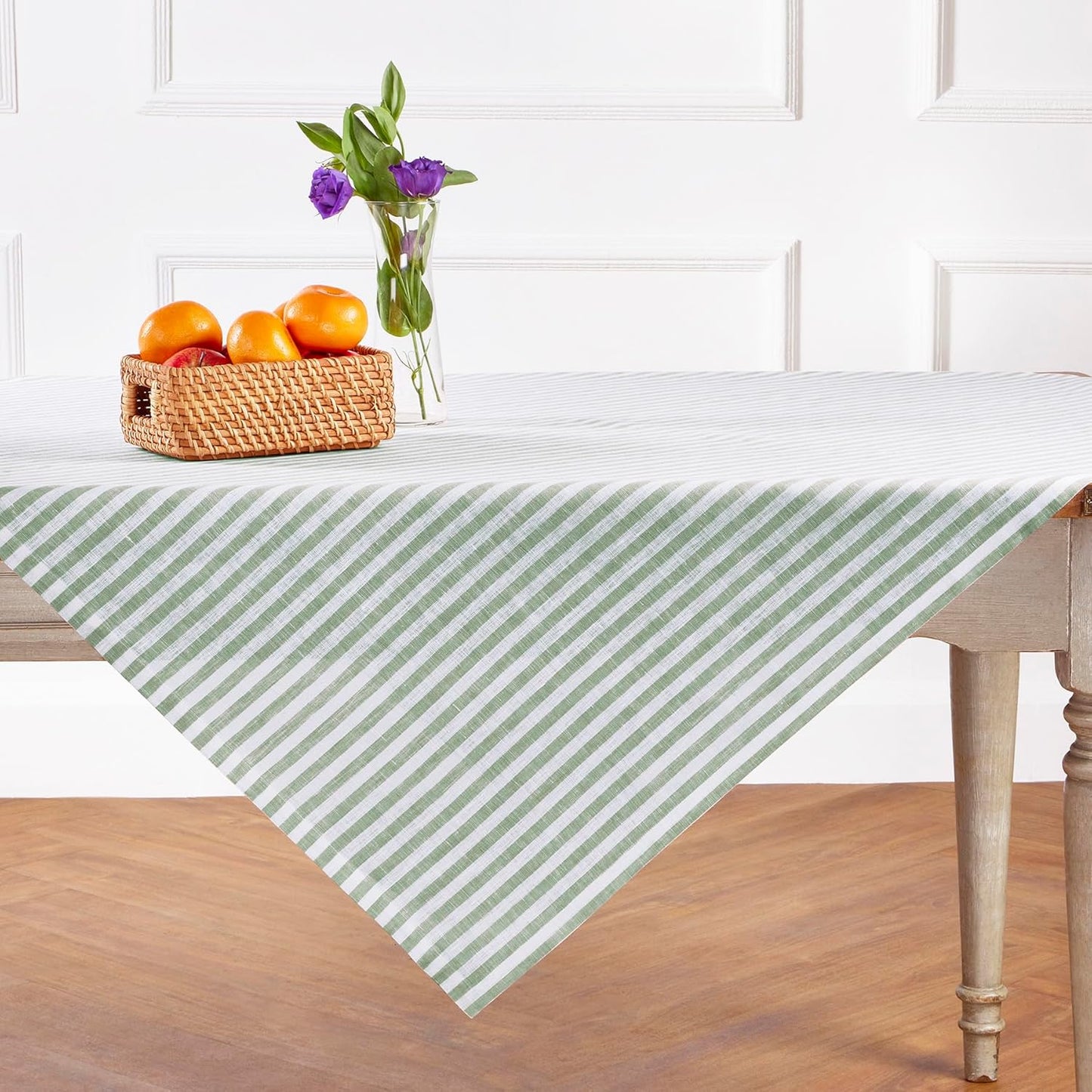 Solino Home Linen Round Tablecloth 70 Inch - Amalfi Stripe, 100% Pure Linen Violet and White Round Tablecloth - Machine Washable Table Cloth for Summer
