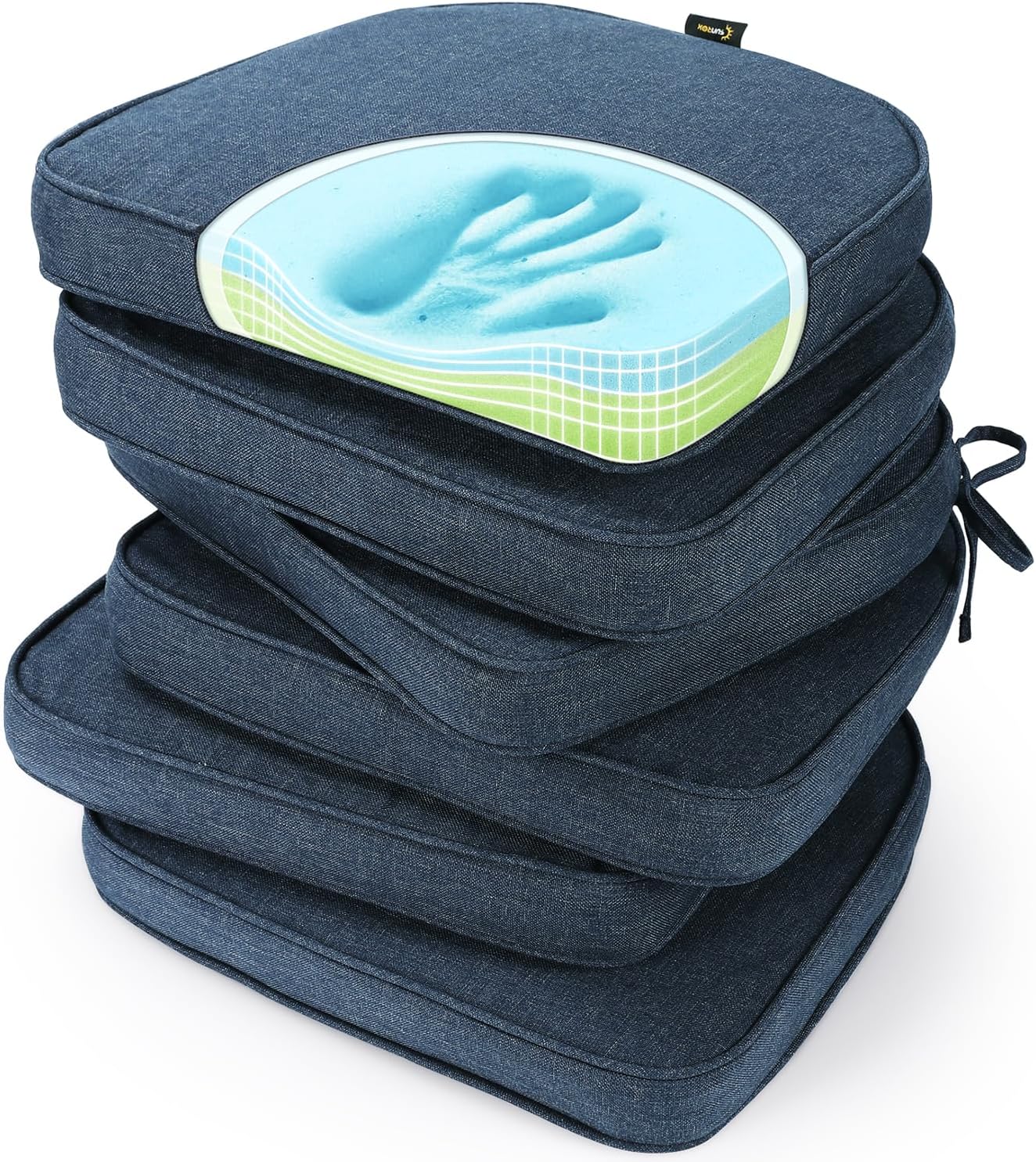 SUNROX Gel Memory Foam Chair Cushions, FadeShield Water-, Stain-Resistant Durable Reversible Seat Cushion Pads with Ties for Indoor/Outdoor Kitchen Dining Office, 17"x16", Set of 6, Heather Grey