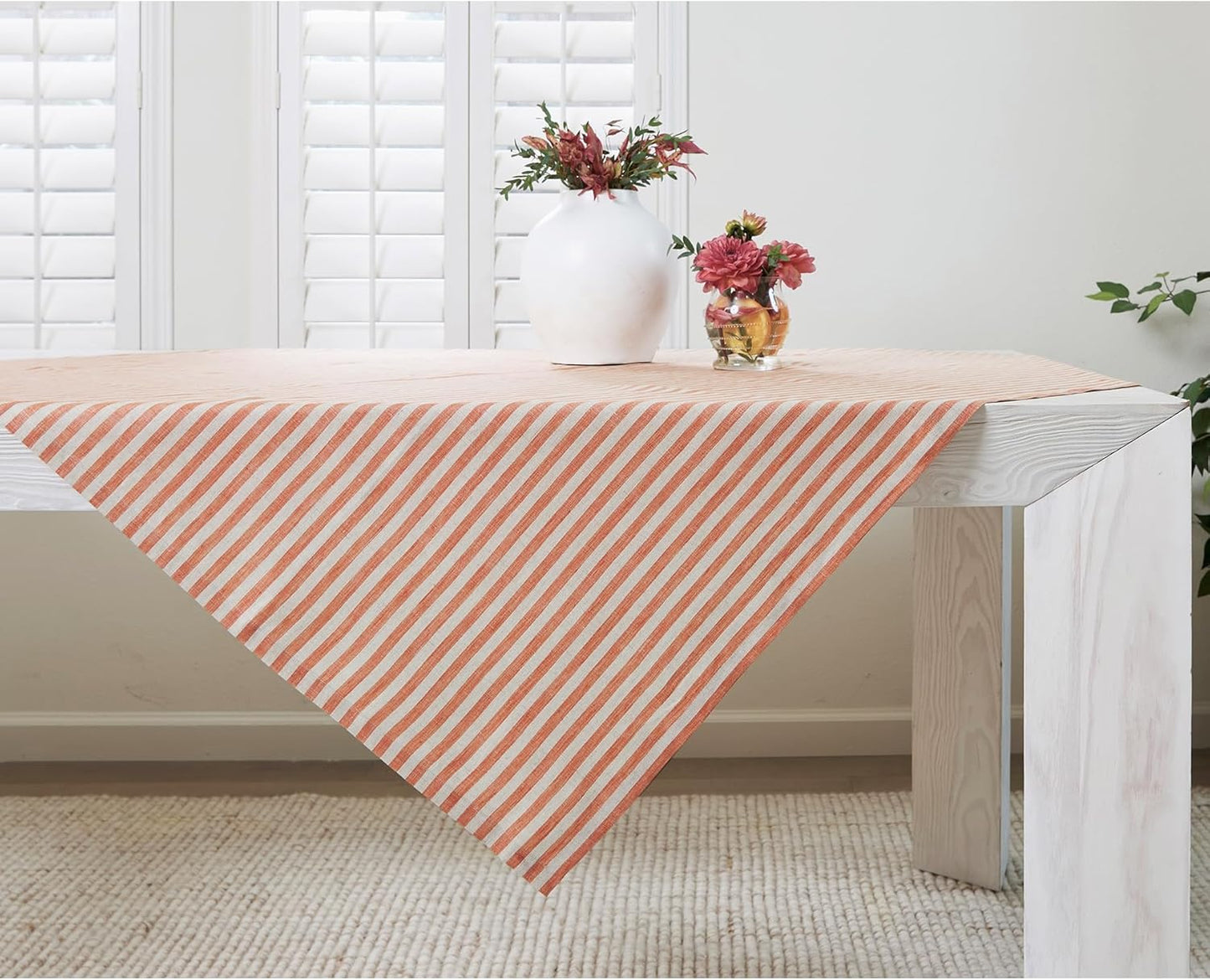 Solino Home Linen Round Tablecloth 70 Inch - Amalfi Stripe, 100% Pure Linen Violet and White Round Tablecloth - Machine Washable Table Cloth for Summer