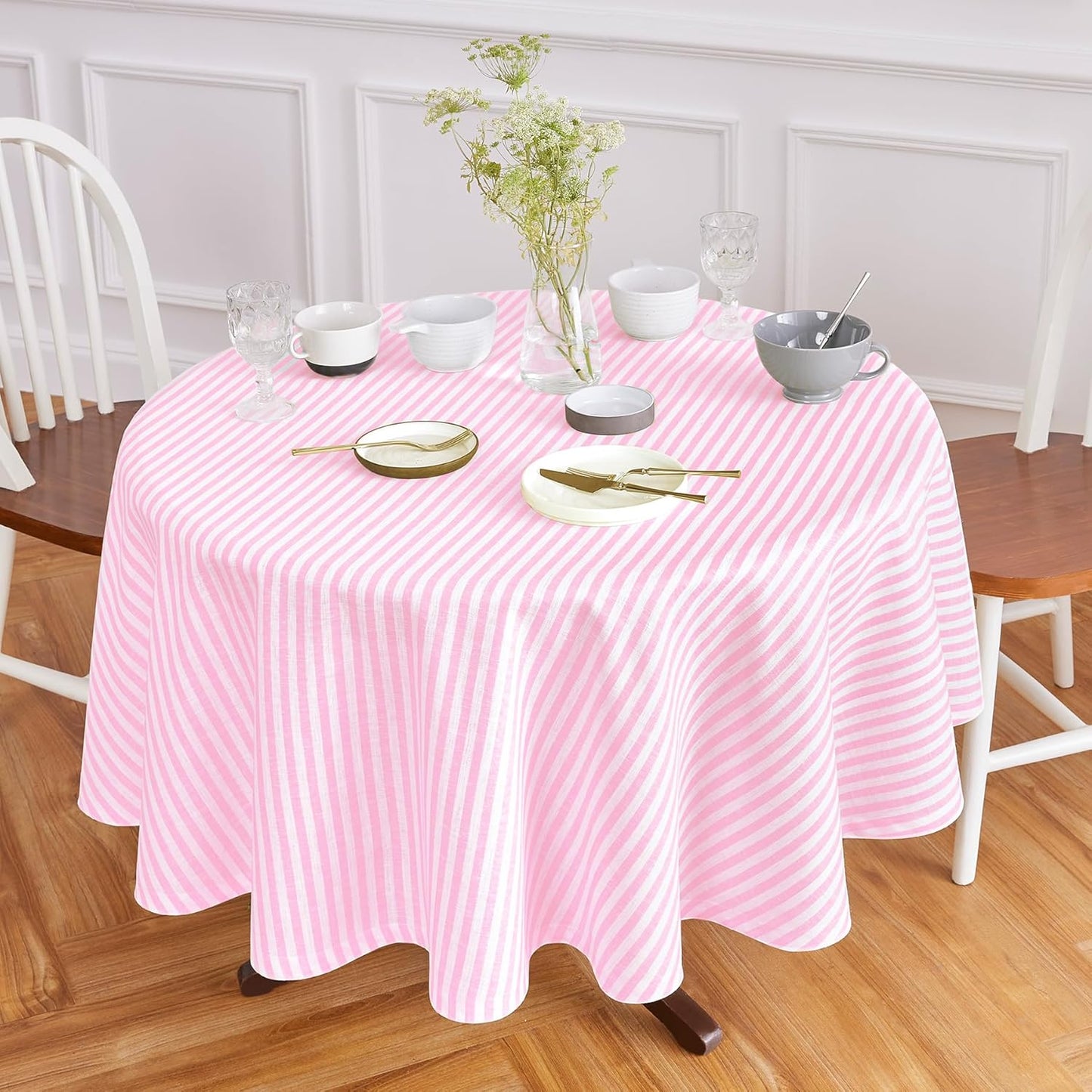 Solino Home Linen Round Tablecloth 70 Inch - Amalfi Stripe, 100% Pure Linen Violet and White Round Tablecloth - Machine Washable Table Cloth for Summer