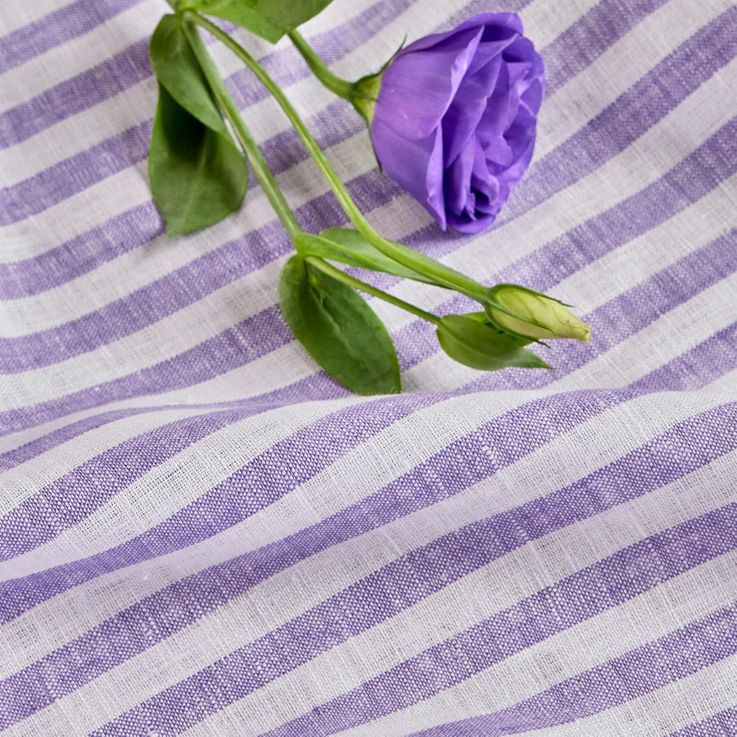 Solino Home Linen Round Tablecloth 70 Inch - Amalfi Stripe, 100% Pure Linen Violet and White Round Tablecloth - Machine Washable Table Cloth for Summer