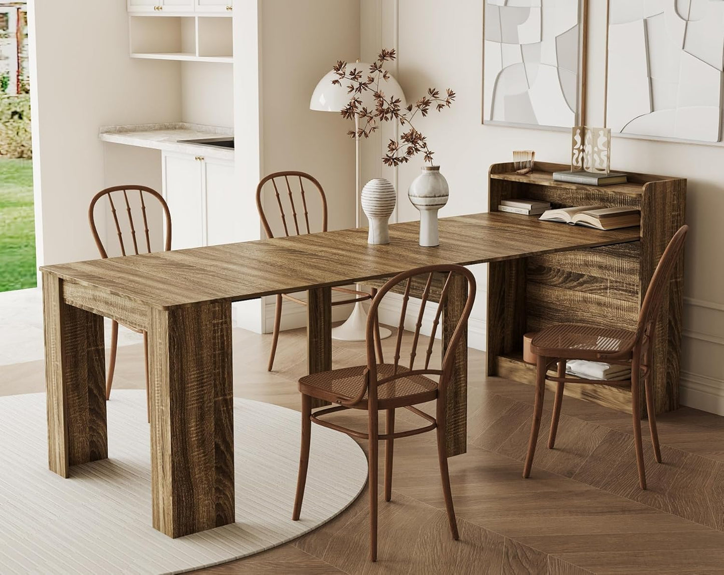 KEIKI 30”-88.4”L Extendable Foldable Dining Room Table with Storage for 1-10 People, Wood Modern Rustic Rectangle Expandable Kitchen Living Meeting Room Furniture, 5 Tabletop Length Options, Walnut