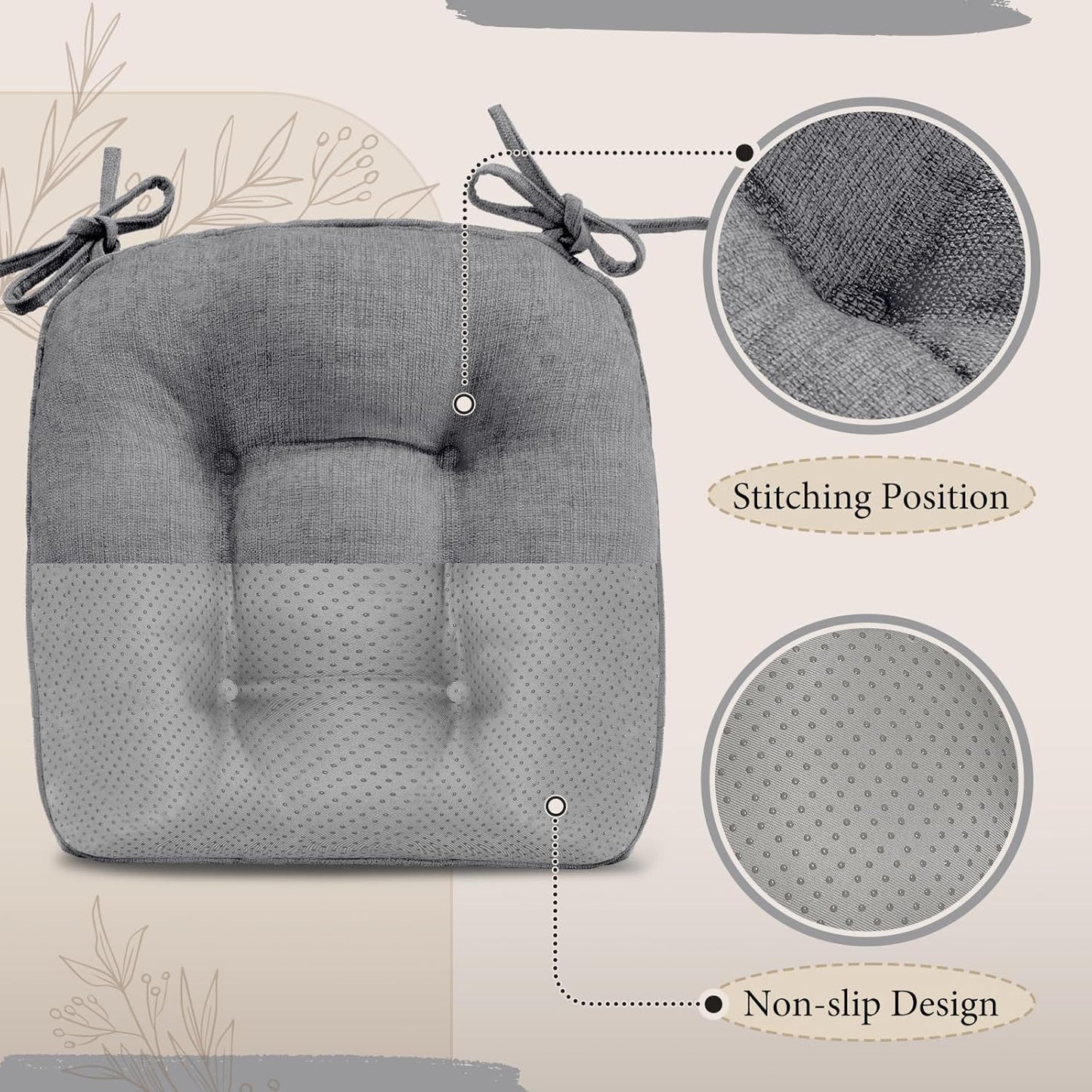 Cozyide Chair Cushions for Dining Chairs, 17" x 17" Non-Slip Kitchen Chair Pads with Adjustable Ties, Memory Foam Indoor Chair Cushions for Dining Room, Grey (Pack of 4)