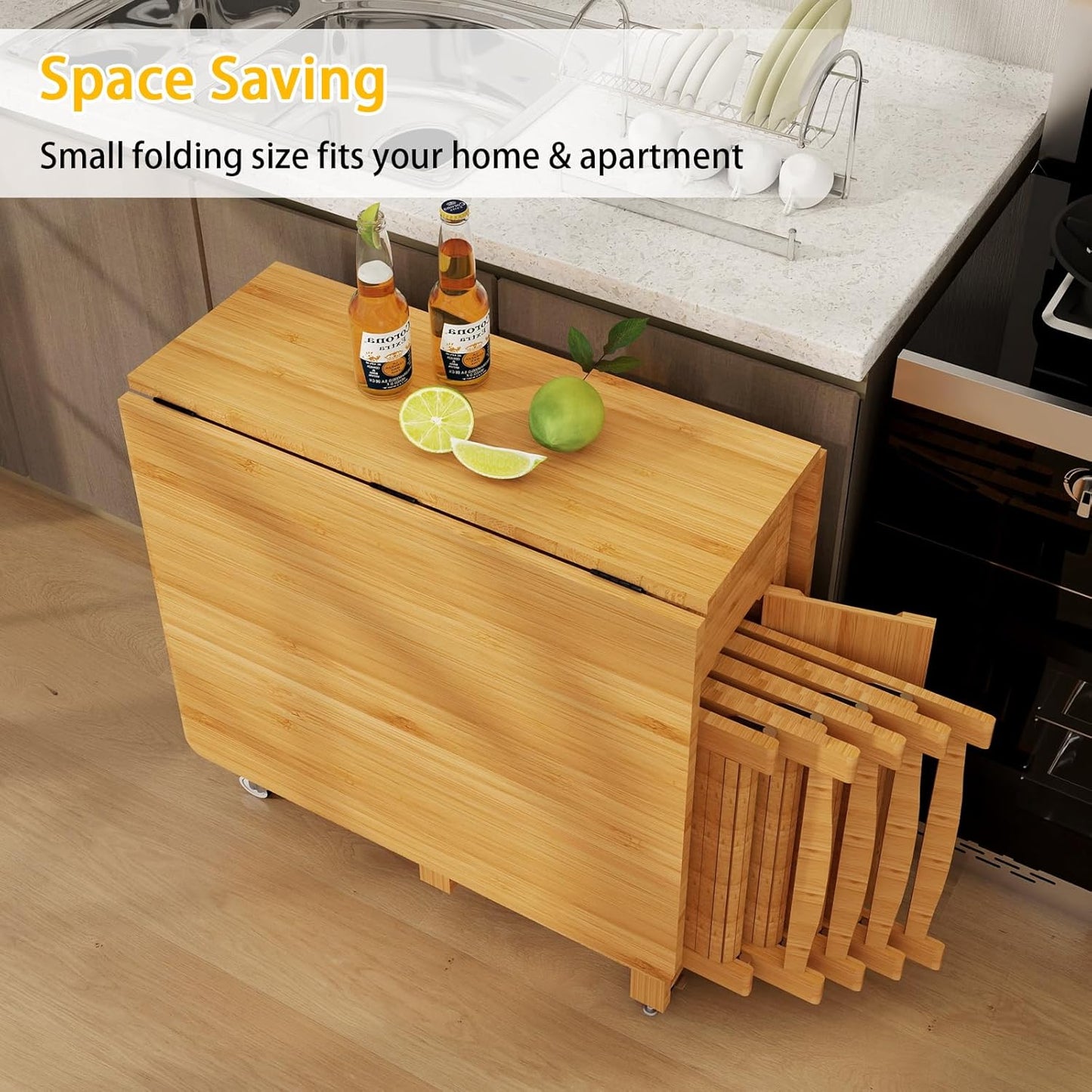 Folding Dining Table Set for 4 with Chairs,Saving Spaces Foldable Drop-Leaf Table Bamboo Collapsible Dinette with Storage for Small Spaces Dining Room Kitchen,No Assembly Required(Wood Color)