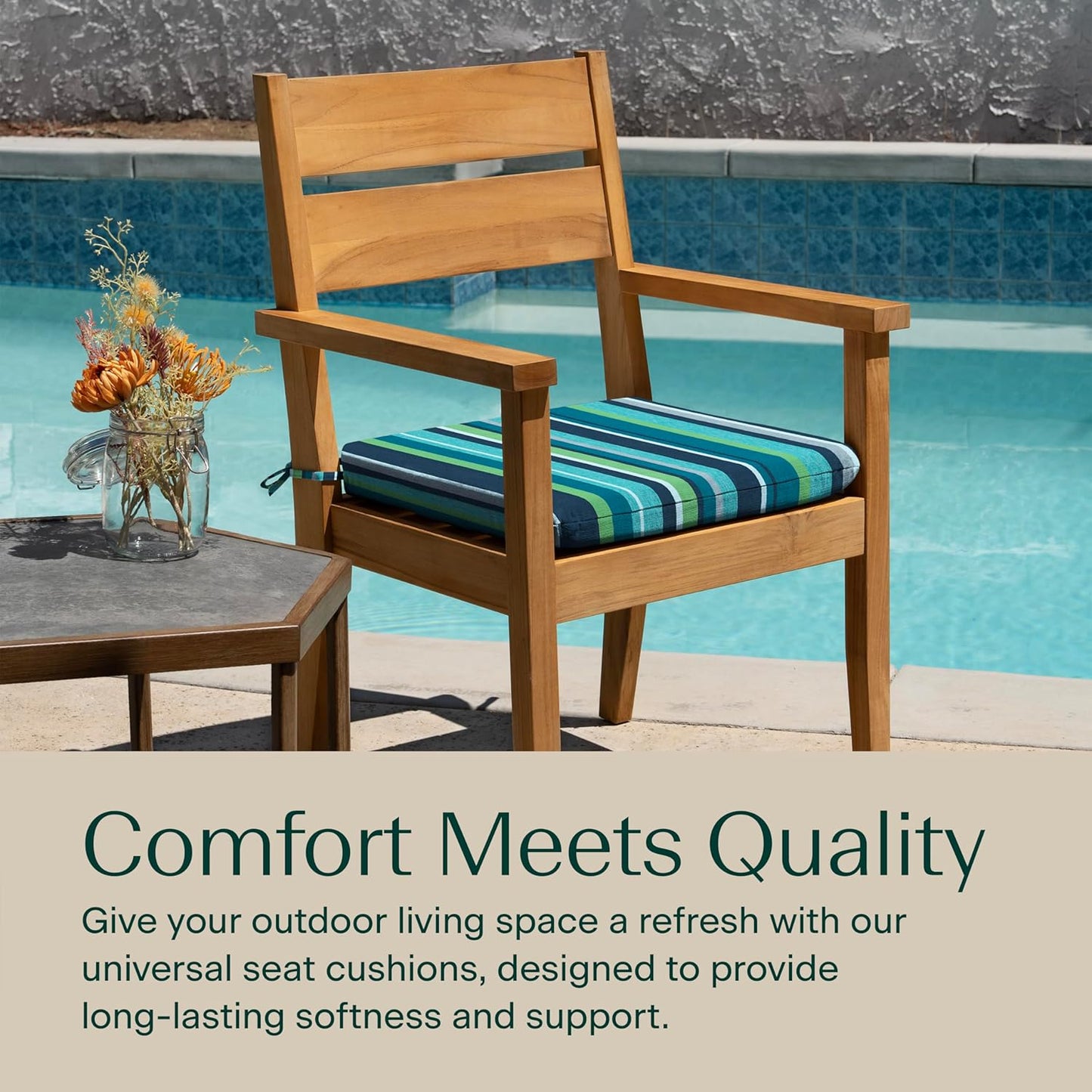 Honeycomb Outdoor Set of 2 Seat Pads, 18 x 17.5, Stripe Poolside Universal Chair Cushions for Patio Furniture