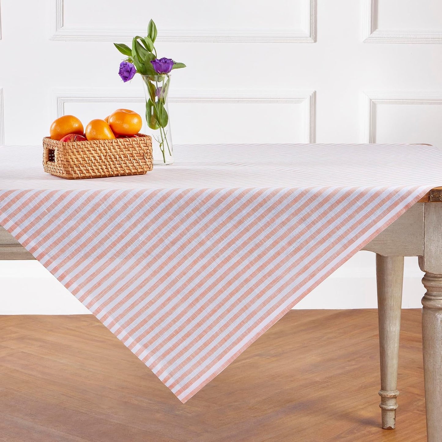 Solino Home Linen Round Tablecloth 70 Inch - Amalfi Stripe, 100% Pure Linen Violet and White Round Tablecloth - Machine Washable Table Cloth for Summer
