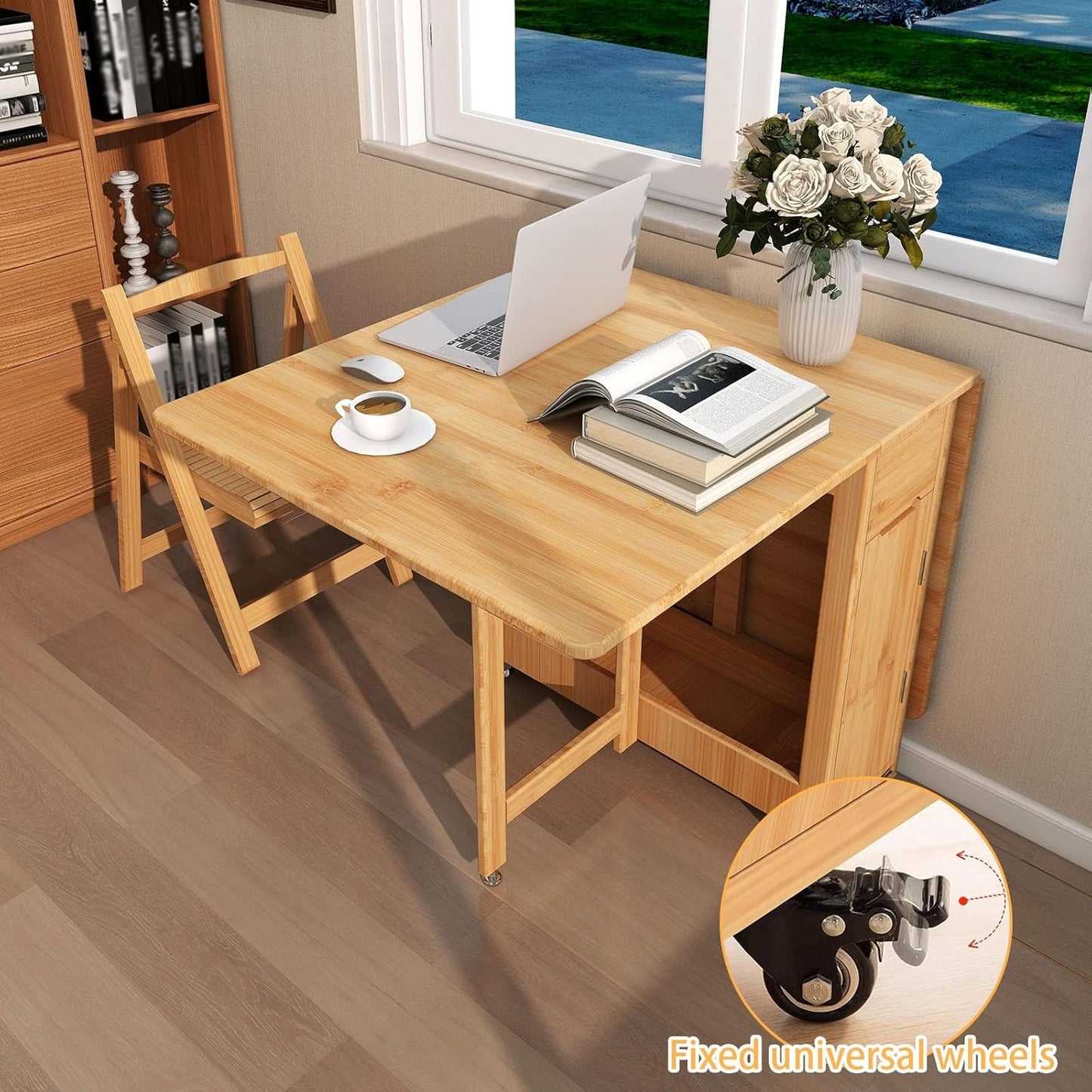 Folding Dining Table Set for 4,Drop Leaf Tables with Foldable Chairs Bamboo Collapsible Dinette Table for Saving Small Spaces Kitchen Dining Room,No Assembly Required(Wood)
