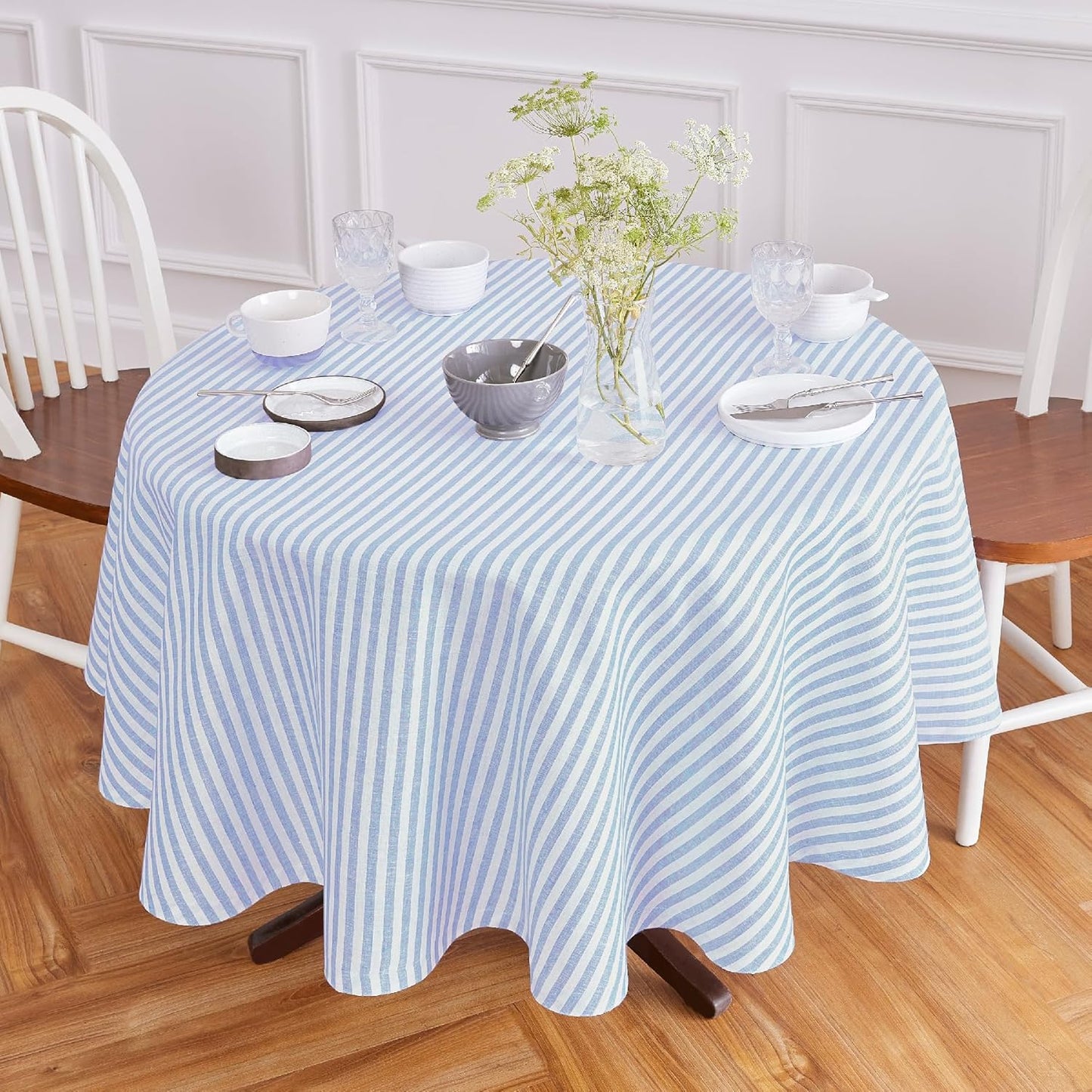 Solino Home Linen Round Tablecloth 70 Inch - Amalfi Stripe, 100% Pure Linen Violet and White Round Tablecloth - Machine Washable Table Cloth for Summer