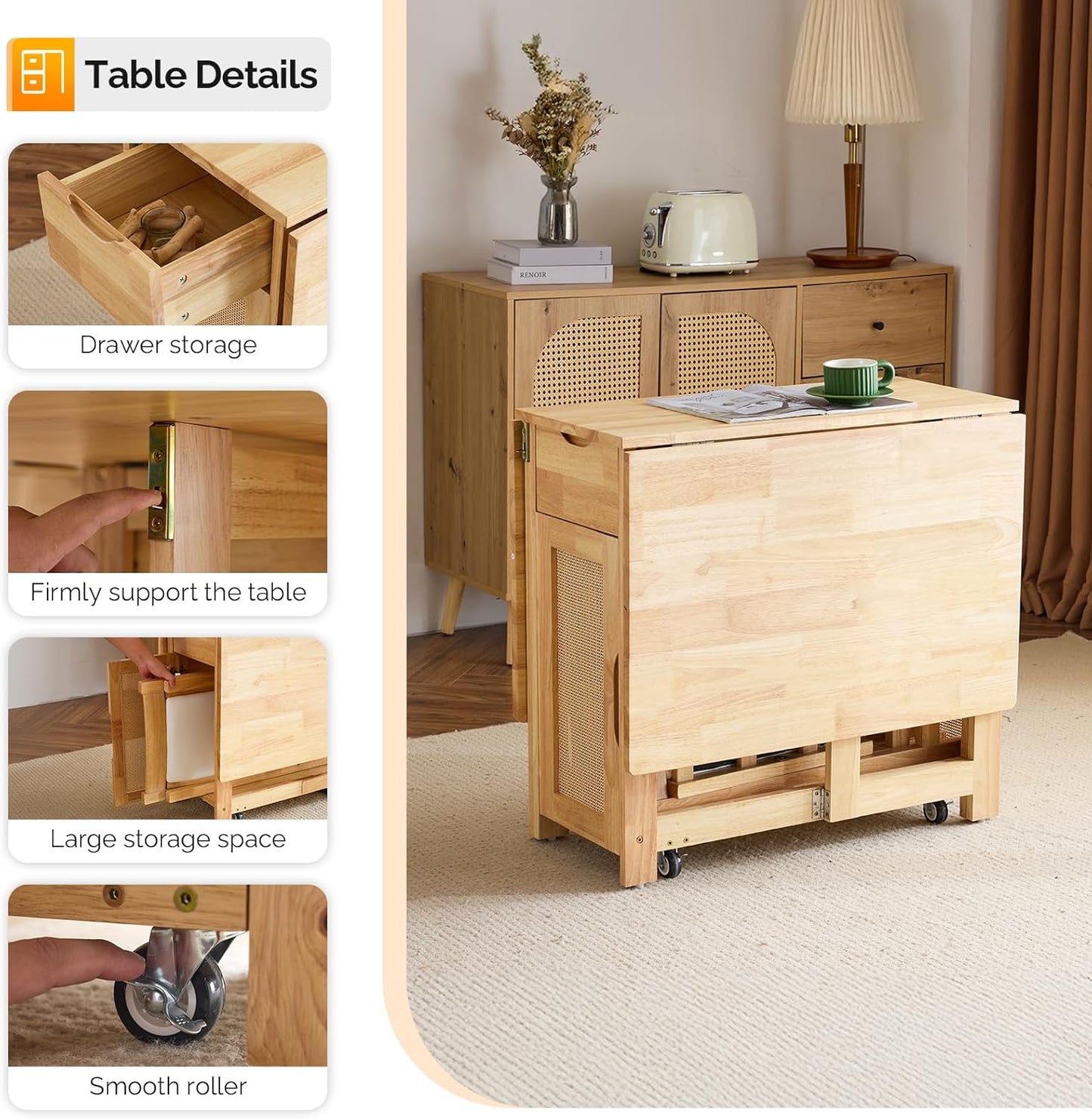 VINGLI 5-Piece Folding Dining Table Set, Extendable Drop Leaf Solid Wood Table with 4 Chairs, Drawers & Wheels, Space-Saving Design for Kitchen, Natural