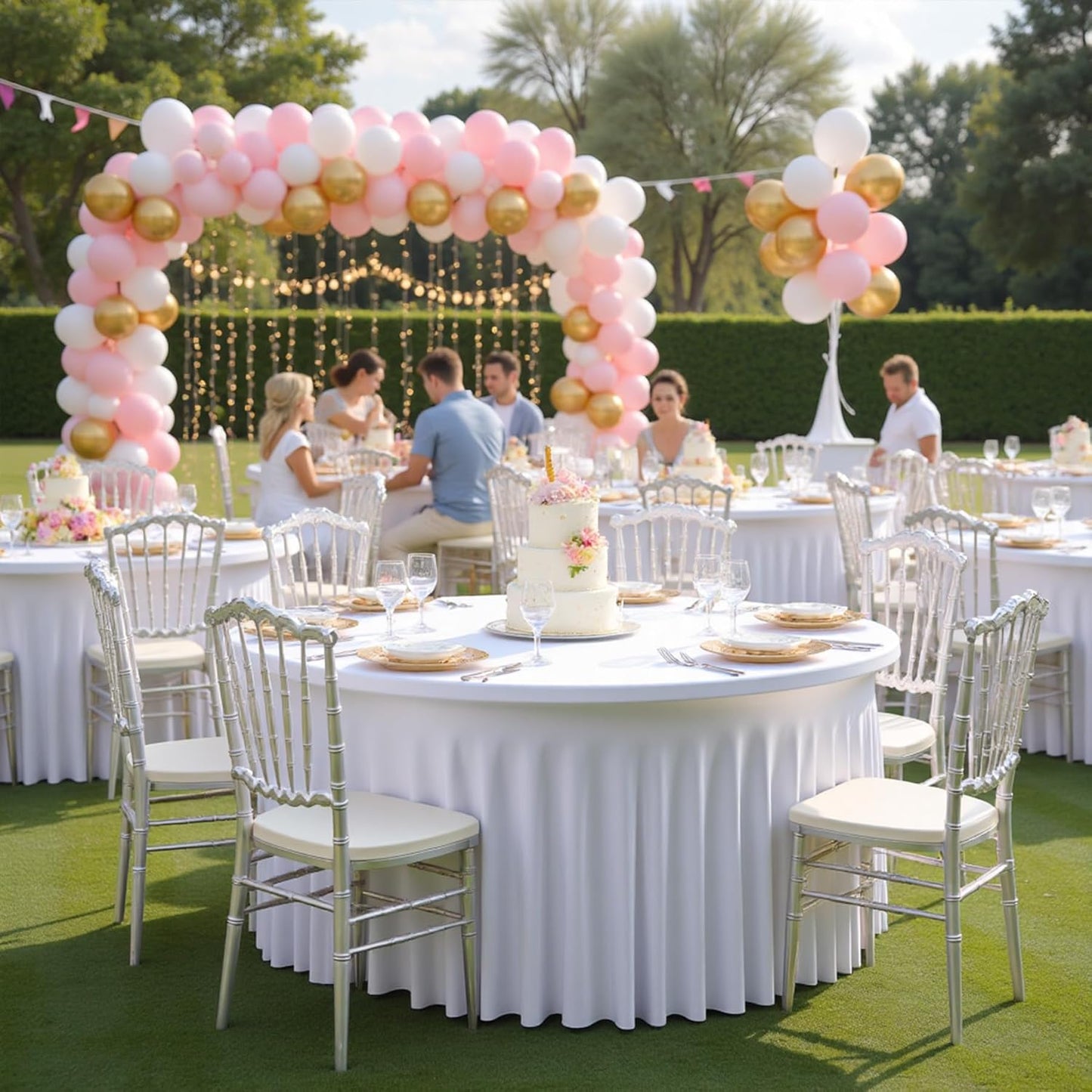 8 Pack White Round Spandex Tablecloth for 60 inch Table, Wrinkle Free Stretchy 120inch Fitted 5FT Round Table Cloths Cover with Skirt for Wedding Birthday Party Dining Banquet Events