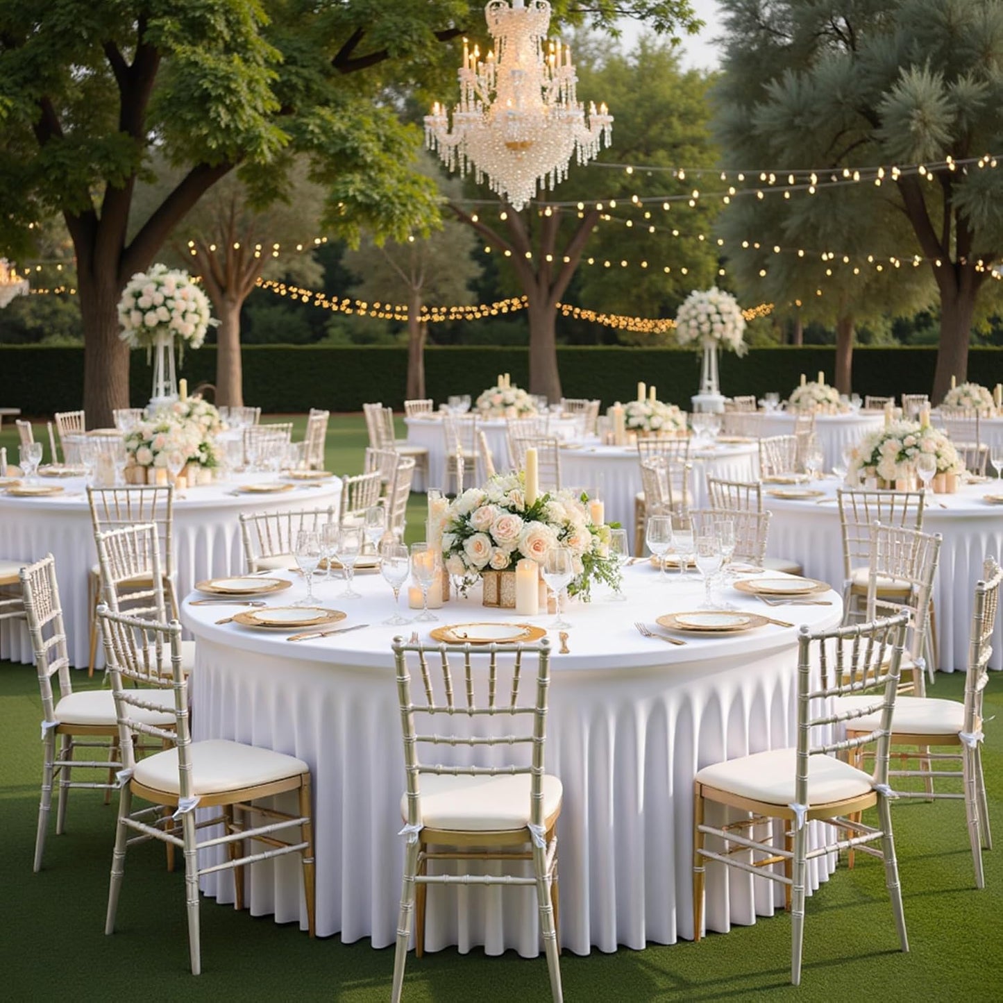 8 Pack White Round Spandex Tablecloth for 60 inch Table, Wrinkle Free Stretchy 120inch Fitted 5FT Round Table Cloths Cover with Skirt for Wedding Birthday Party Dining Banquet Events