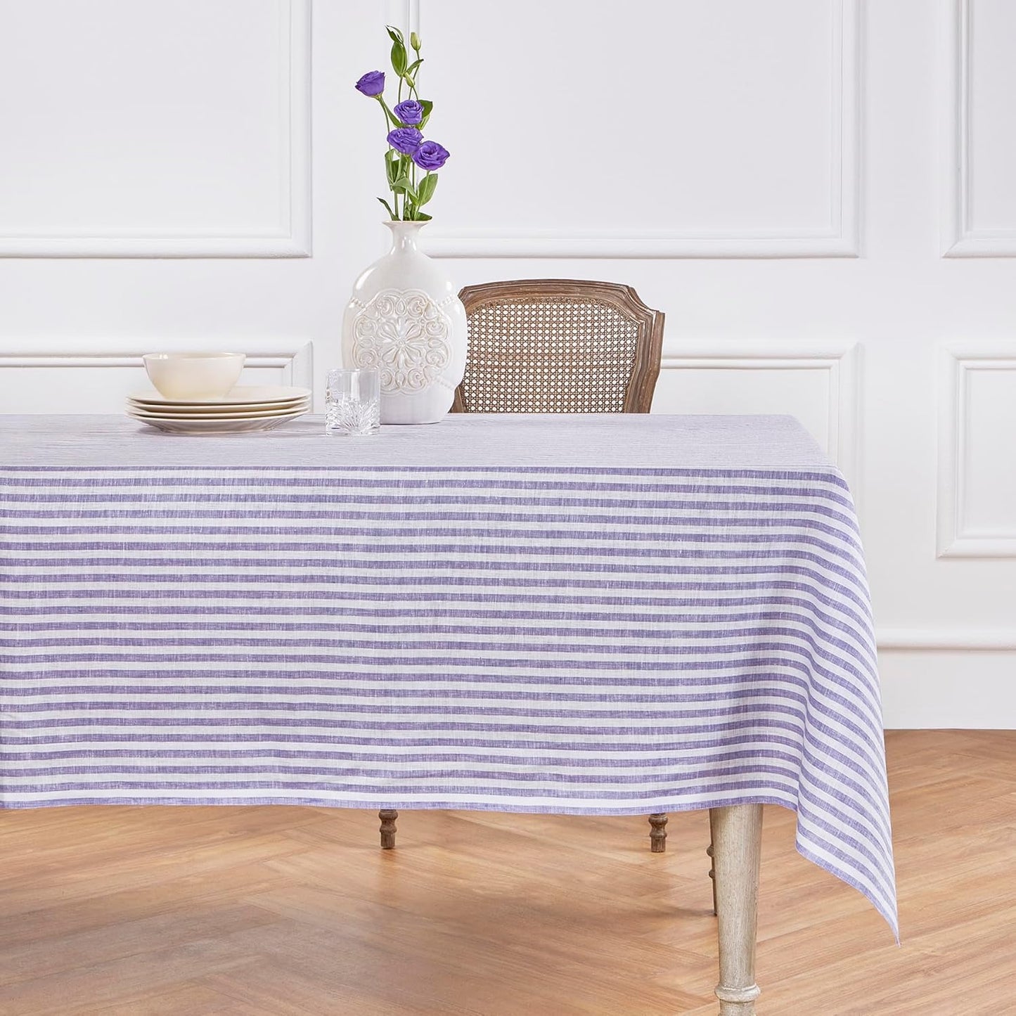 Solino Home Linen Round Tablecloth 70 Inch - Amalfi Stripe, 100% Pure Linen Violet and White Round Tablecloth - Machine Washable Table Cloth for Summer