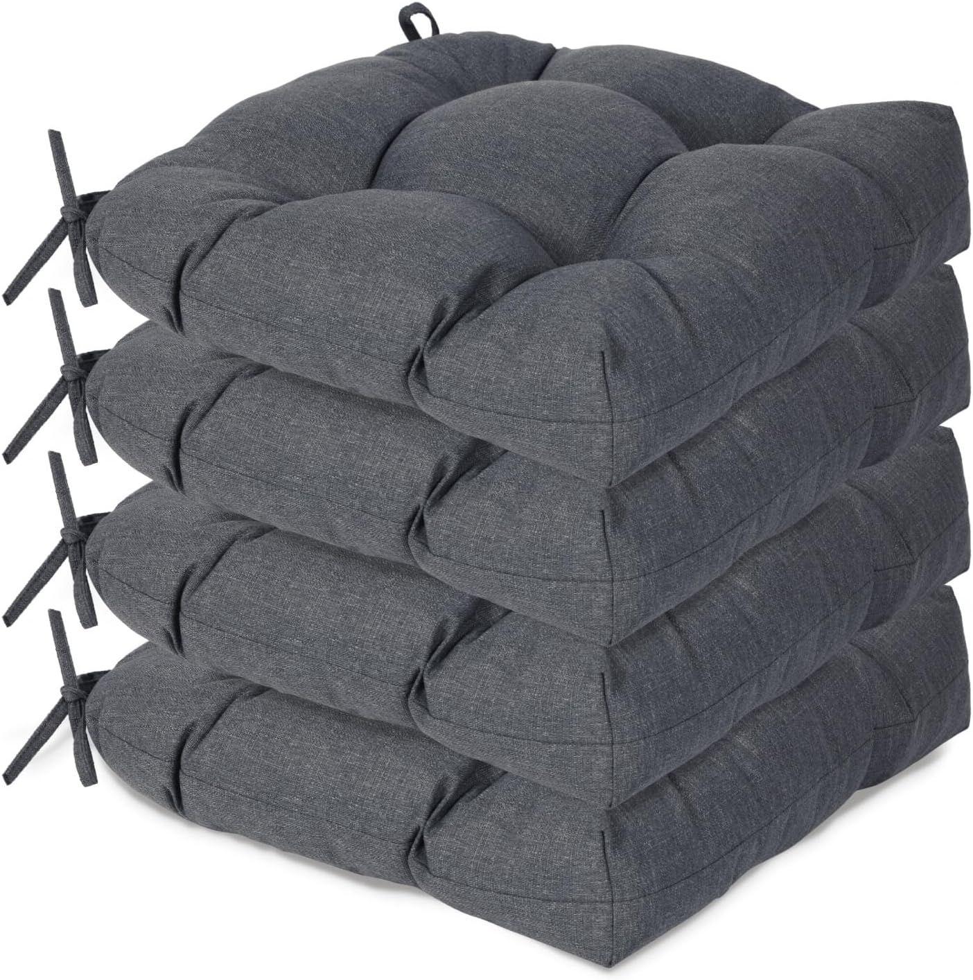 Aoodor 19" x 19" x 5" Tufted Outdoor Chair Cushions, Water Resistant & Fade Resistant Polyester Dining Chair Pads with 2 Straps for Patio Furniture, Set of 4
