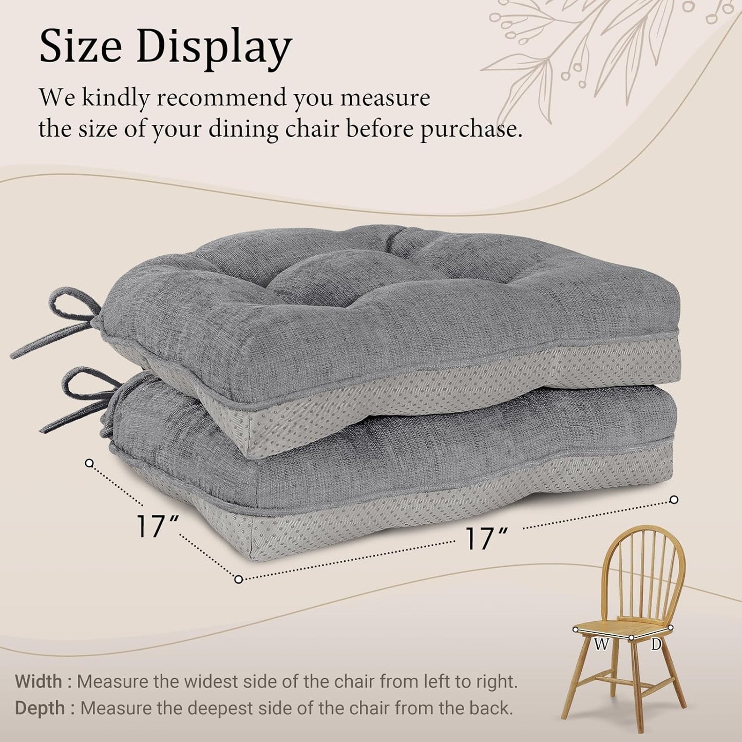 Cozyide Chair Cushions for Dining Chairs, 17" x 17" Non-Slip Kitchen Chair Pads with Adjustable Ties, Memory Foam Indoor Chair Cushions for Dining Room, Grey (Pack of 4)