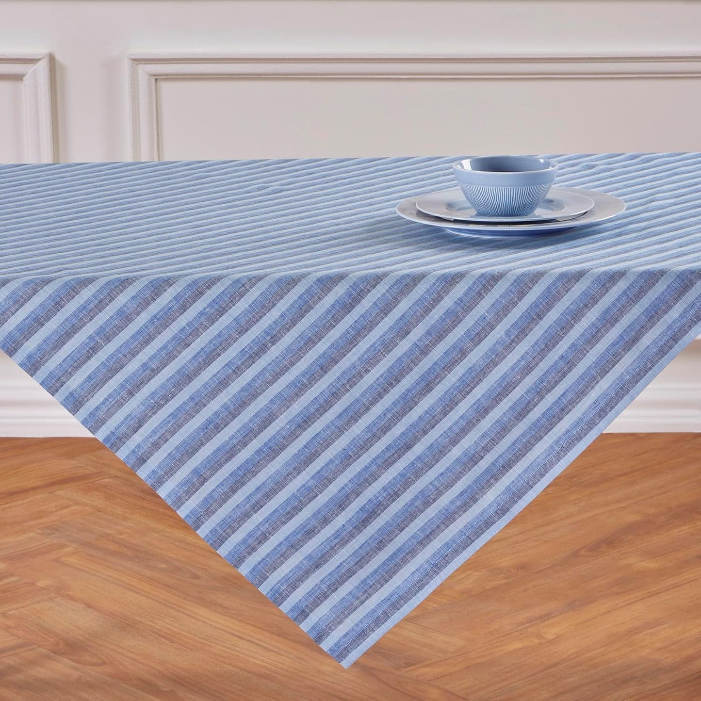 Solino Home Linen Round Tablecloth 70 Inch - Amalfi Stripe, 100% Pure Linen Violet and White Round Tablecloth - Machine Washable Table Cloth for Summer