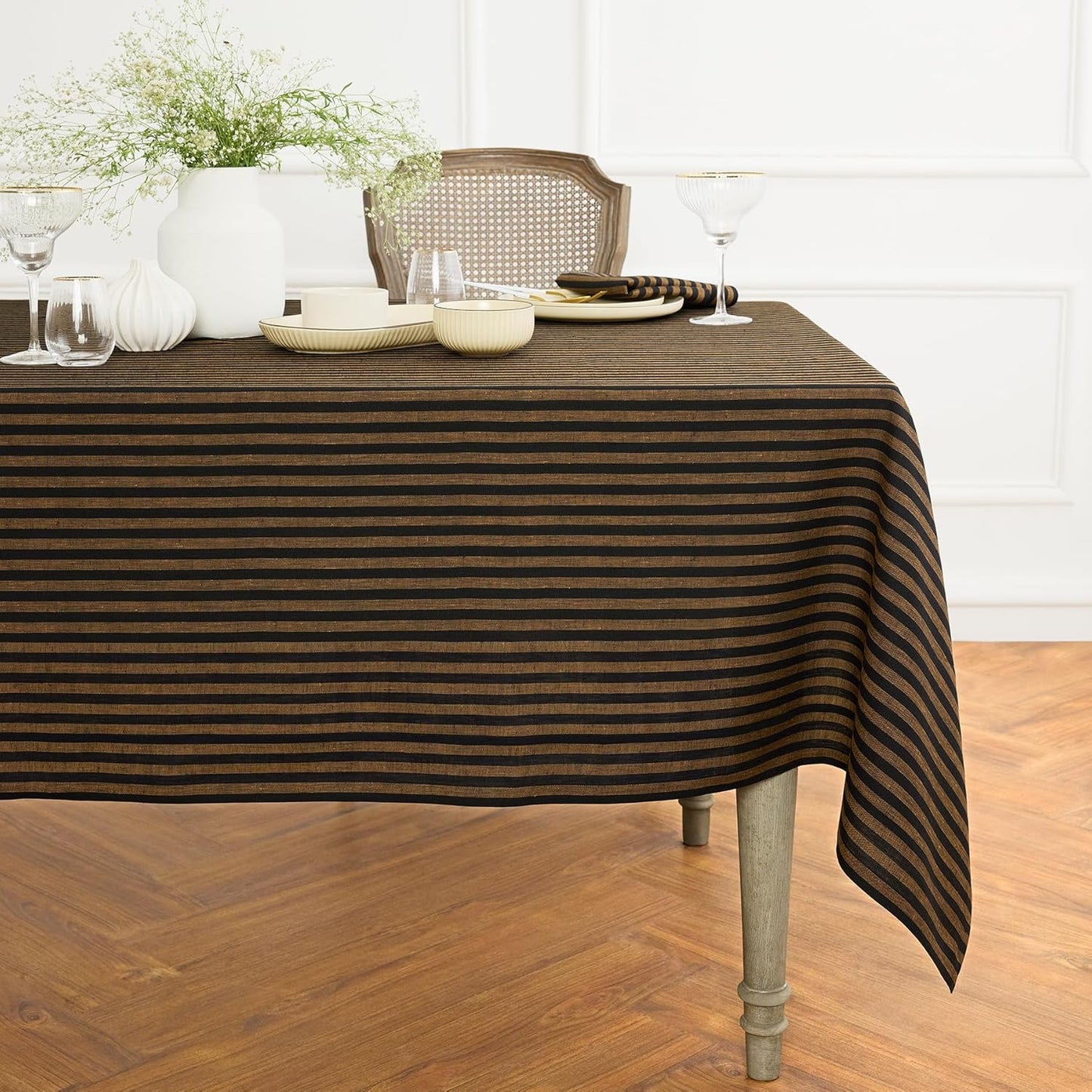 Solino Home Linen Round Tablecloth 70 Inch - Amalfi Stripe, 100% Pure Linen Violet and White Round Tablecloth - Machine Washable Table Cloth for Summer