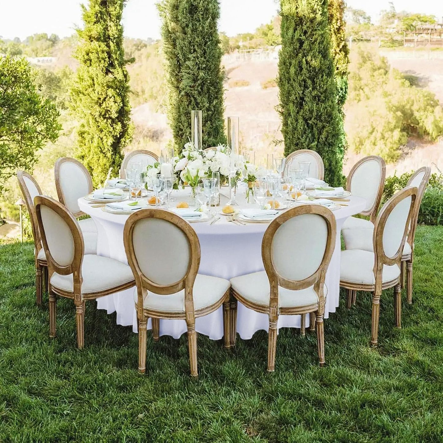 8 Pack White Round Spandex Tablecloth for 60inch Tables, 120 Inch Stretchy Fitted 5FT Round Table Clothes Wrinkle Free Washable Table Covers Skirt for Wedding Birthday Party Dining Banquet
