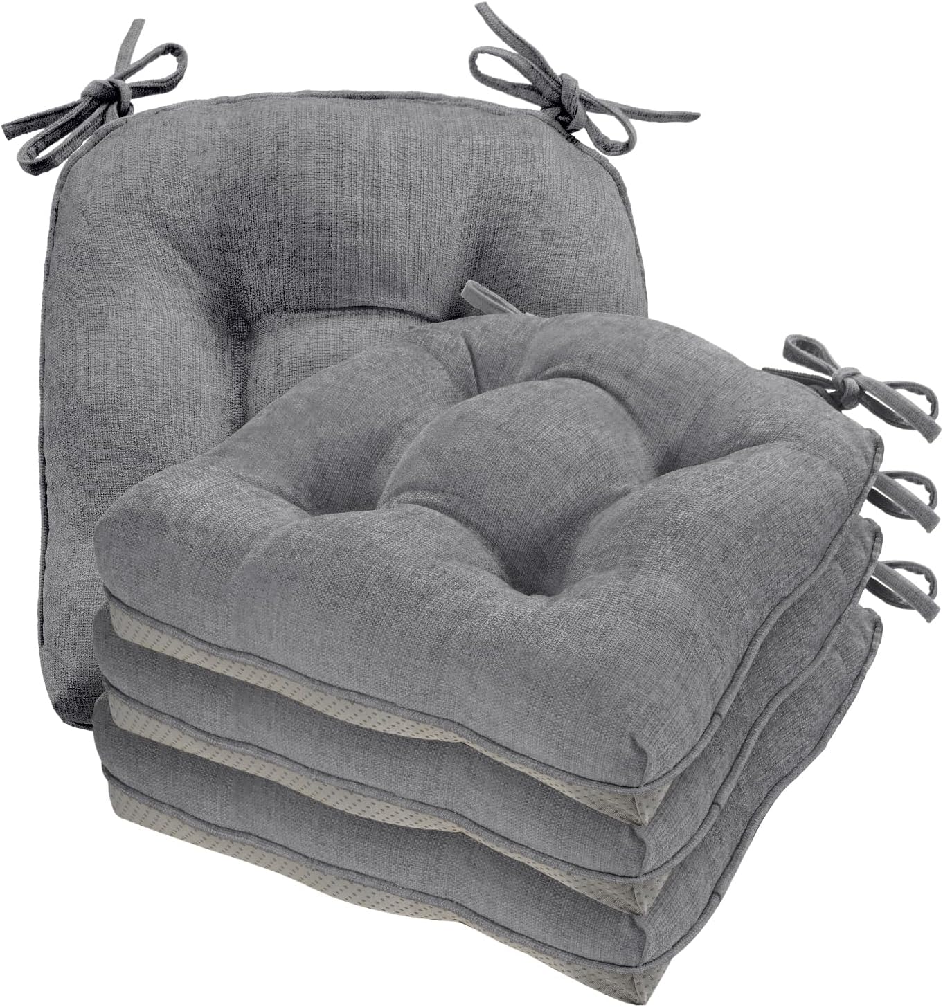 Cozyide Chair Cushions for Dining Chairs, 17" x 17" Non-Slip Kitchen Chair Pads with Adjustable Ties, Memory Foam Indoor Chair Cushions for Dining Room, Grey (Pack of 4)