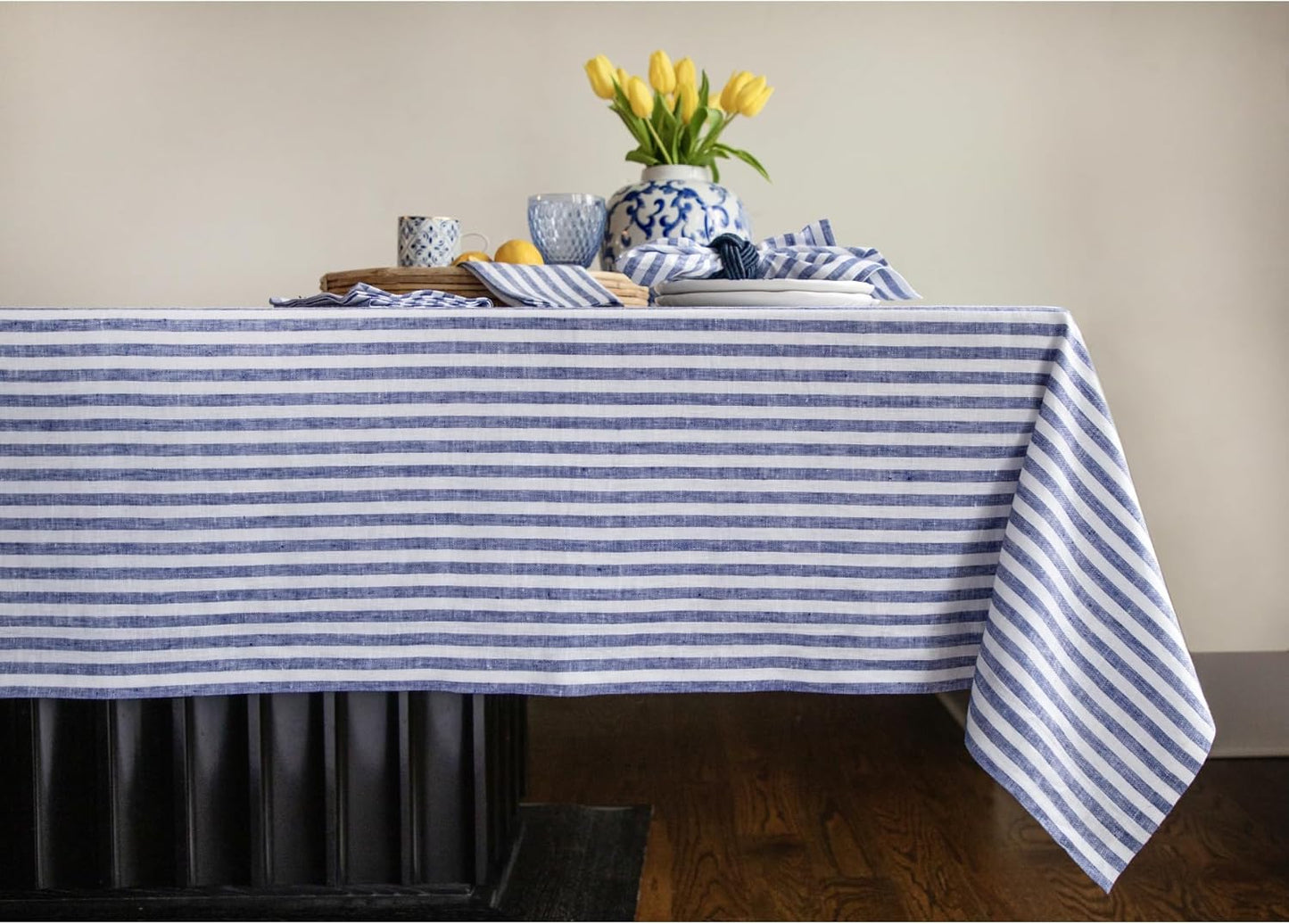 Solino Home Linen Round Tablecloth 70 Inch - Amalfi Stripe, 100% Pure Linen Violet and White Round Tablecloth - Machine Washable Table Cloth for Summer