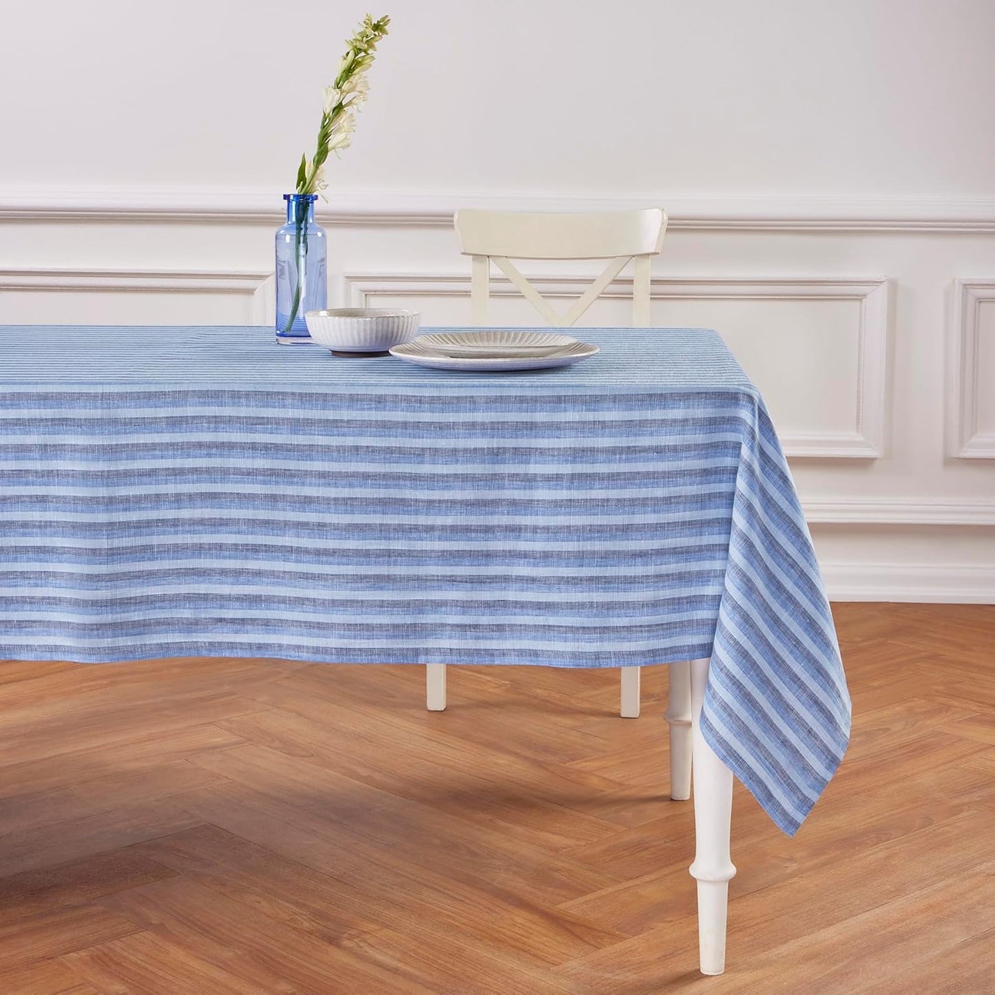 Solino Home Linen Round Tablecloth 70 Inch - Amalfi Stripe, 100% Pure Linen Violet and White Round Tablecloth - Machine Washable Table Cloth for Summer