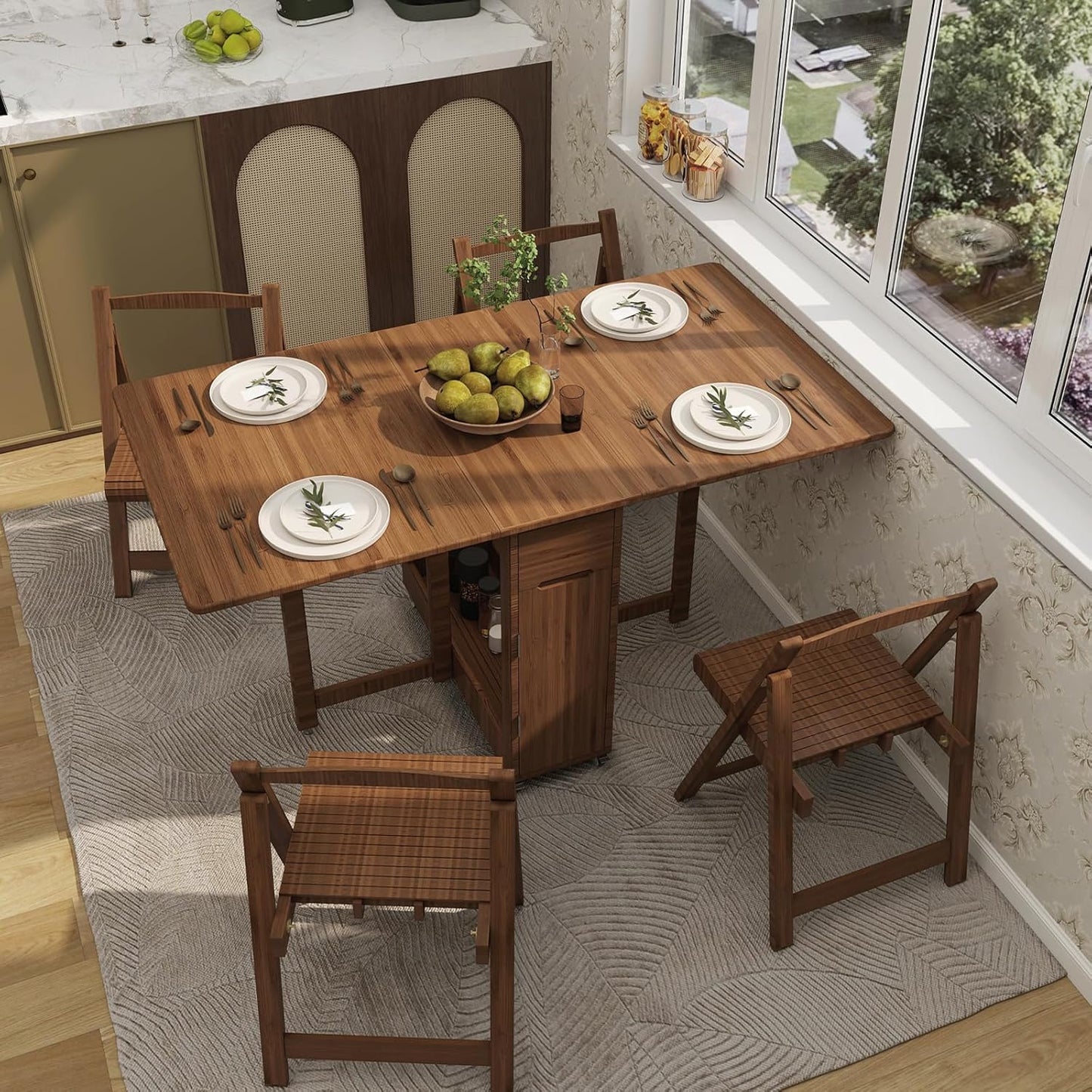 Folding Dining Table Set for 4 with Foldable Chairs, Bamboo Crafted Dining Room Furniture Sets, Drop-Leaf Design Dinette with Storage, Saver 80% Kitchen Space, No Assembly Required (Brown)