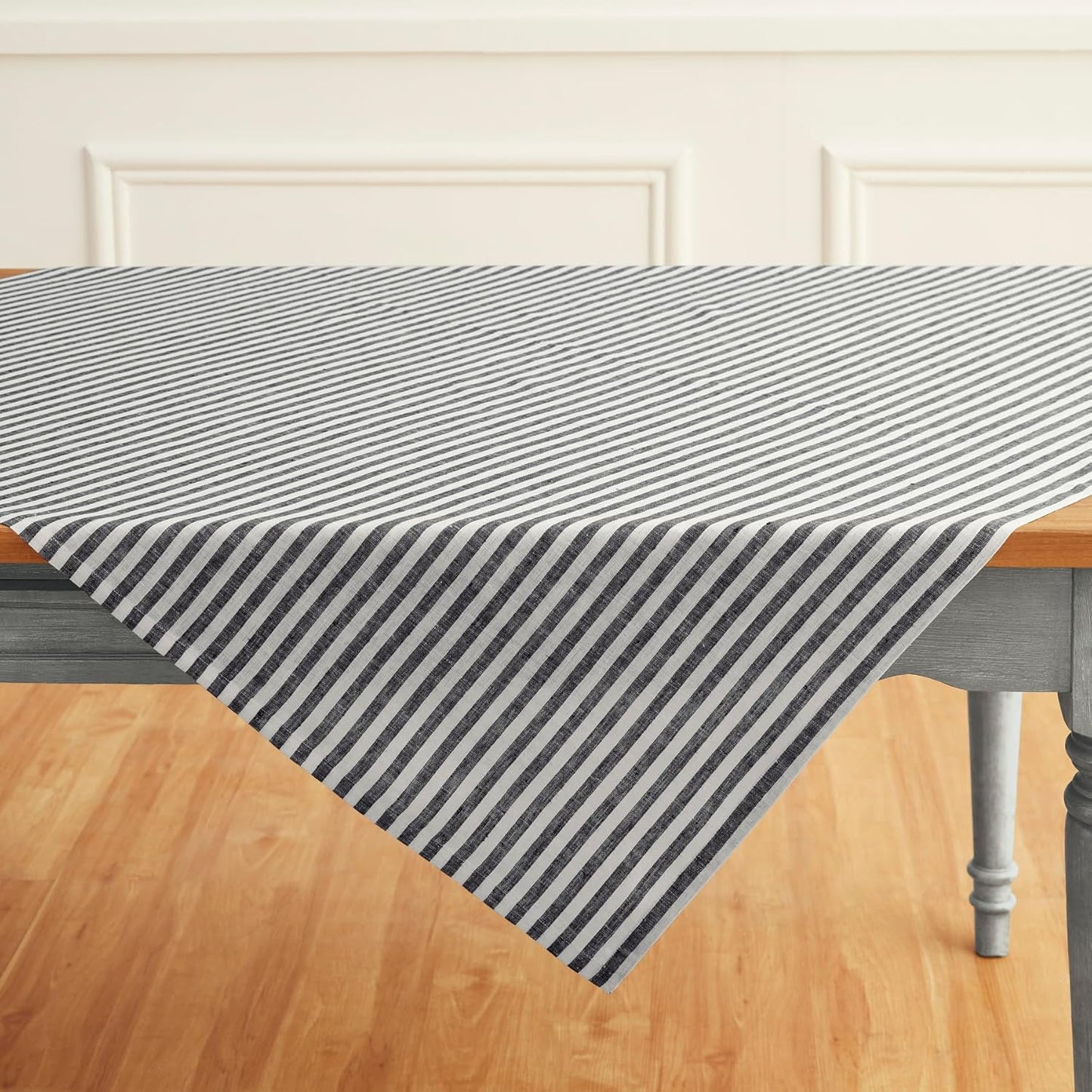 Solino Home Linen Round Tablecloth 70 Inch - Amalfi Stripe, 100% Pure Linen Violet and White Round Tablecloth - Machine Washable Table Cloth for Summer