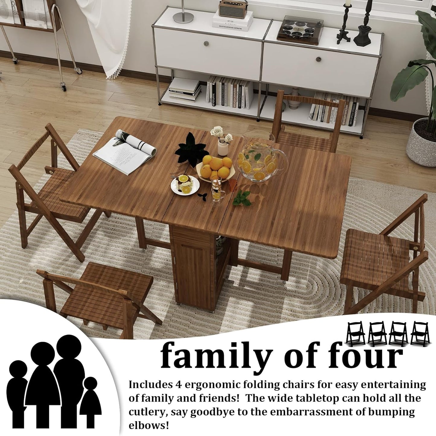 Folding Dining Table Set for 4 with Foldable Chairs, Bamboo Crafted Dining Room Furniture Sets, Drop-Leaf Design Dinette with Storage, Saver 80% Kitchen Space, No Assembly Required (Brown)