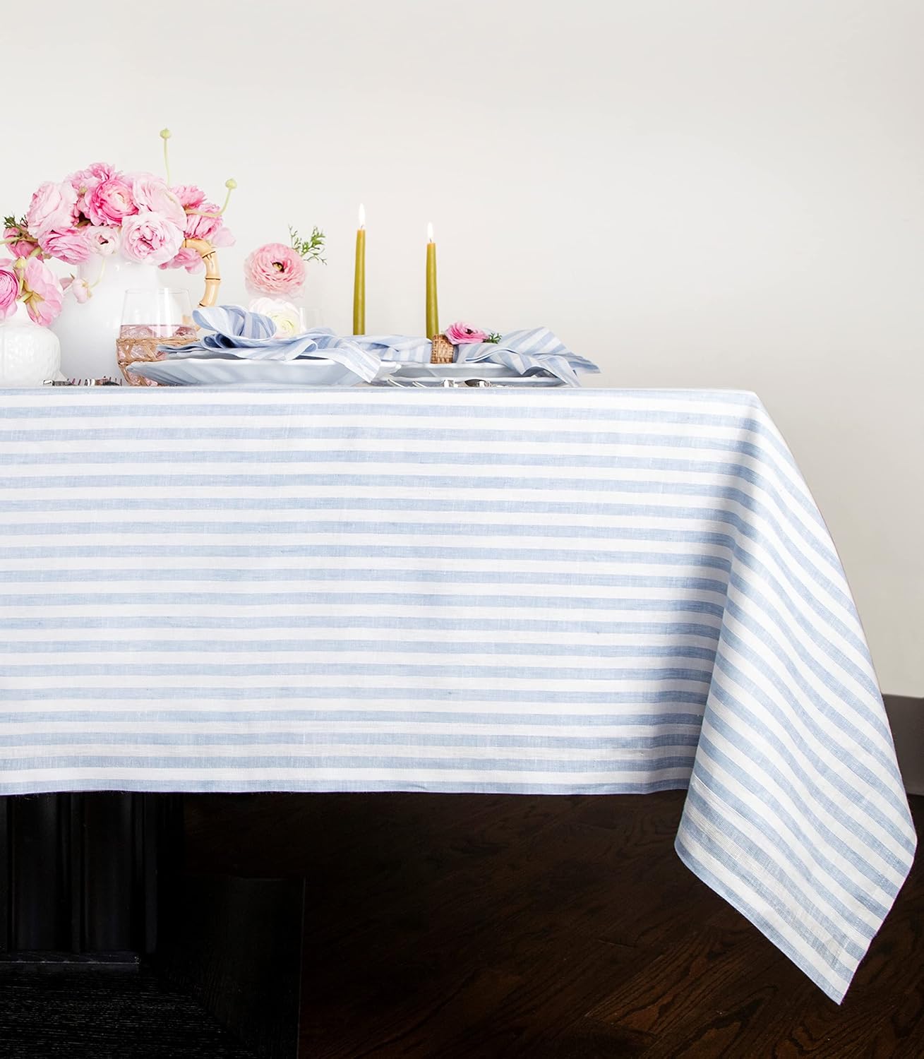Solino Home Linen Round Tablecloth 70 Inch - Amalfi Stripe, 100% Pure Linen Violet and White Round Tablecloth - Machine Washable Table Cloth for Summer