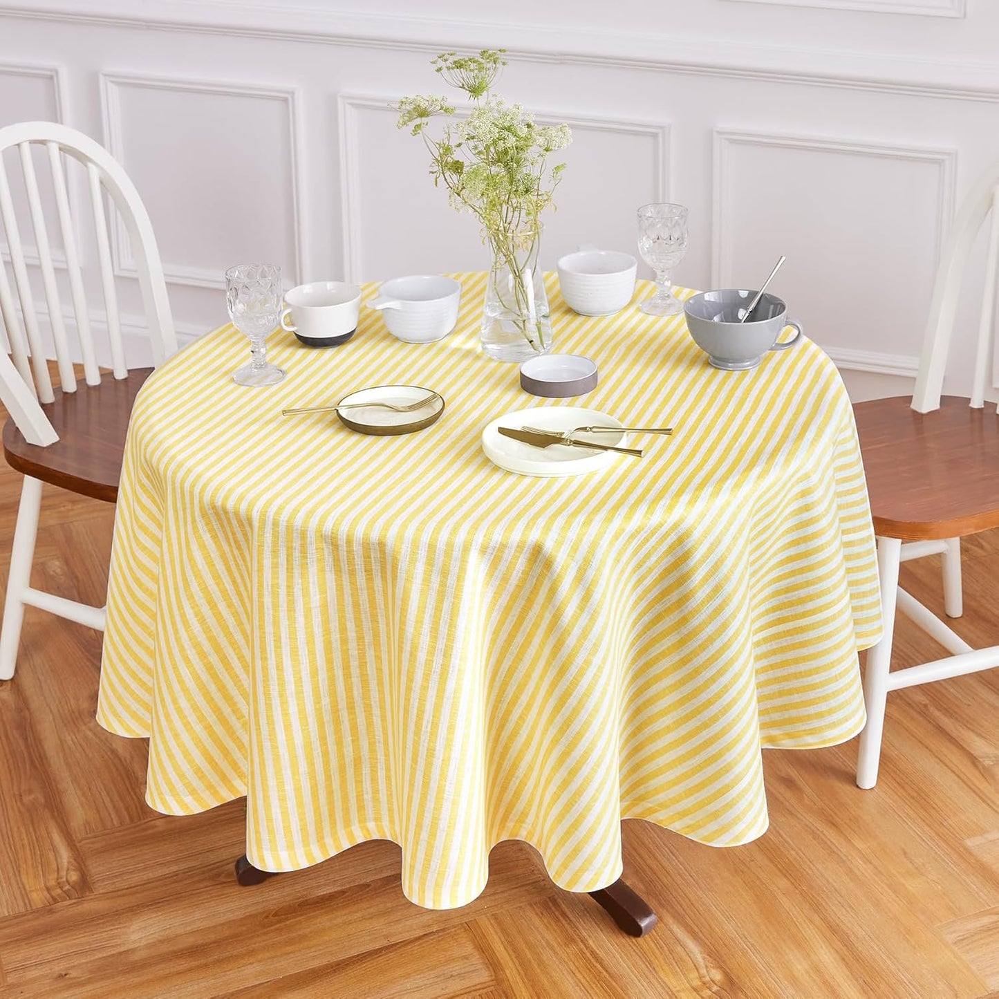 Solino Home Linen Round Tablecloth 70 Inch - Amalfi Stripe, 100% Pure Linen Violet and White Round Tablecloth - Machine Washable Table Cloth for Summer