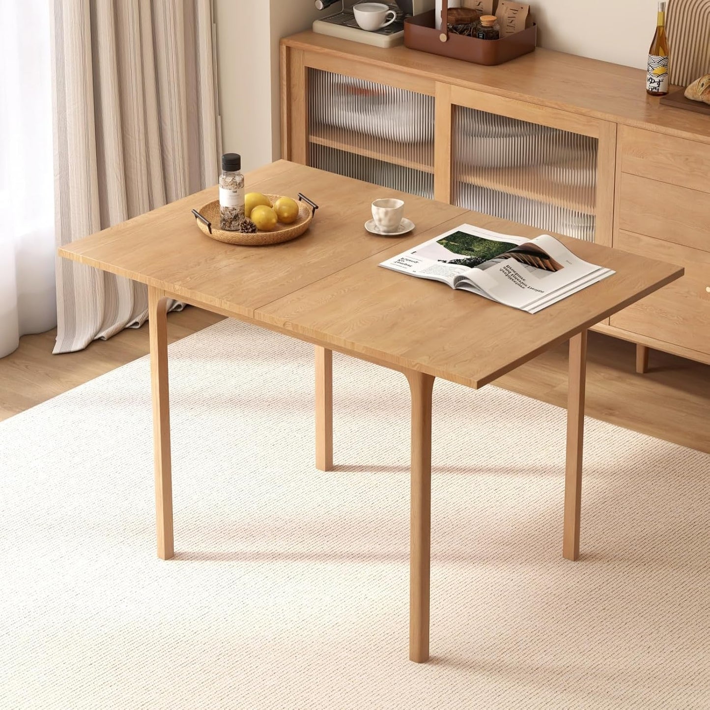 Foldable Dining Table for 4, 100% Solid Wood Folding Kitchen Table with Oak Wood Legs, Modern Dinner Table for Dining Room, Living Room, Kitchen, Small Space, Walnut