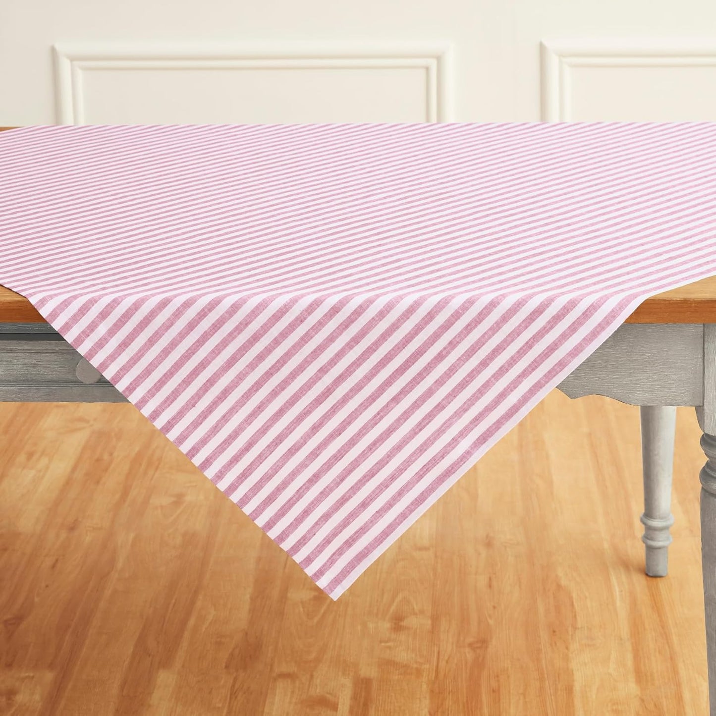 Solino Home Linen Round Tablecloth 70 Inch - Amalfi Stripe, 100% Pure Linen Violet and White Round Tablecloth - Machine Washable Table Cloth for Summer