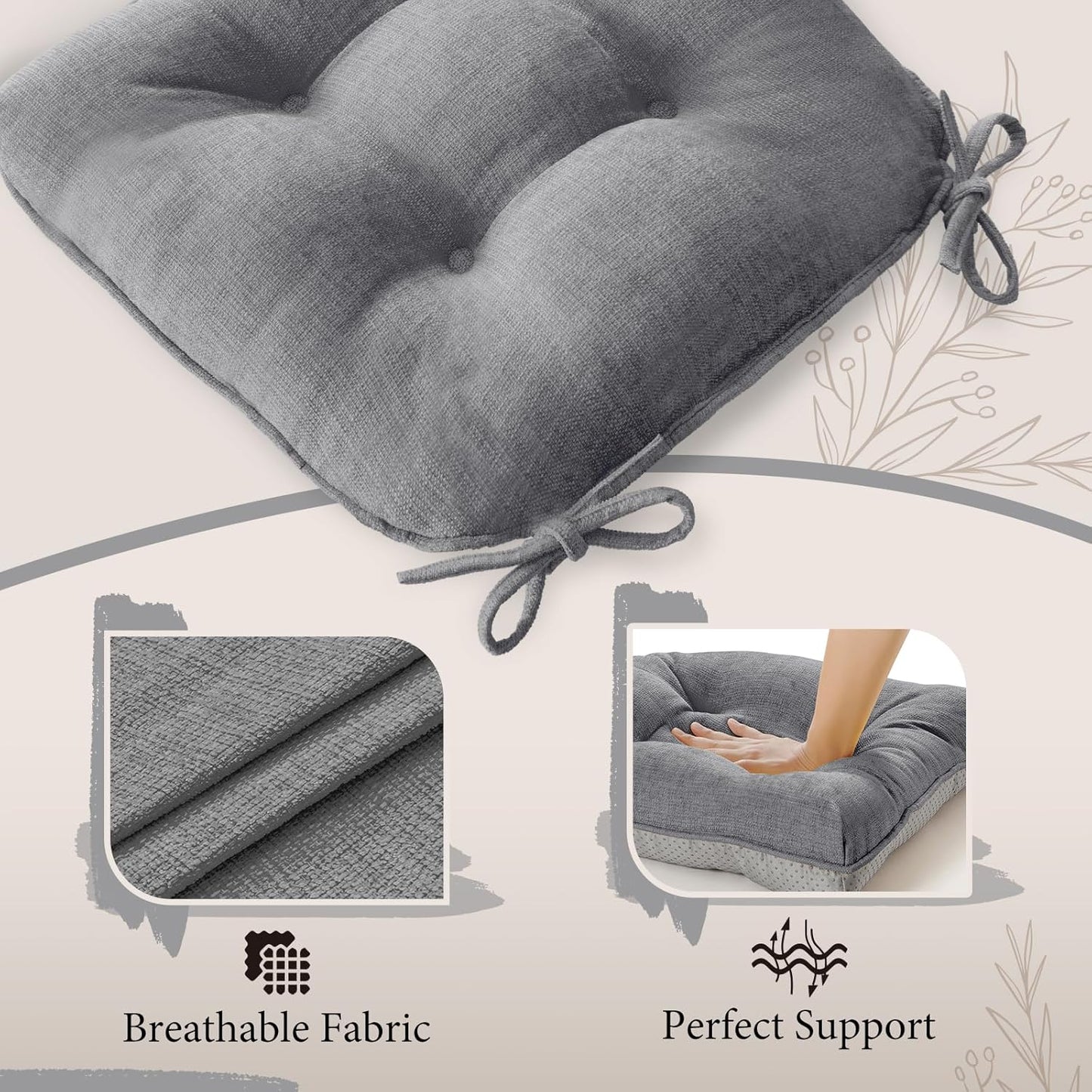 Cozyide Chair Cushions for Dining Chairs, 17" x 17" Non-Slip Kitchen Chair Pads with Adjustable Ties, Memory Foam Indoor Chair Cushions for Dining Room, Grey (Pack of 4)