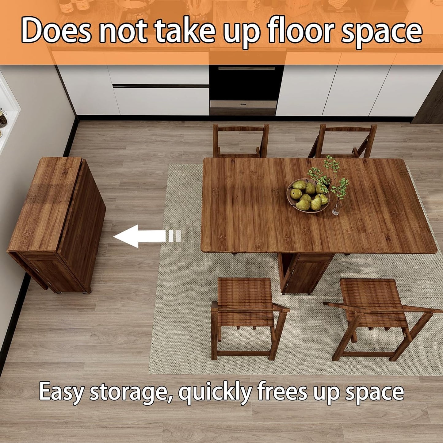 Folding Dining Table Set for 4 with Foldable Chairs, Bamboo Crafted Dining Room Furniture Sets, Drop-Leaf Design Dinette with Storage, Saver 80% Kitchen Space, No Assembly Required (Brown)