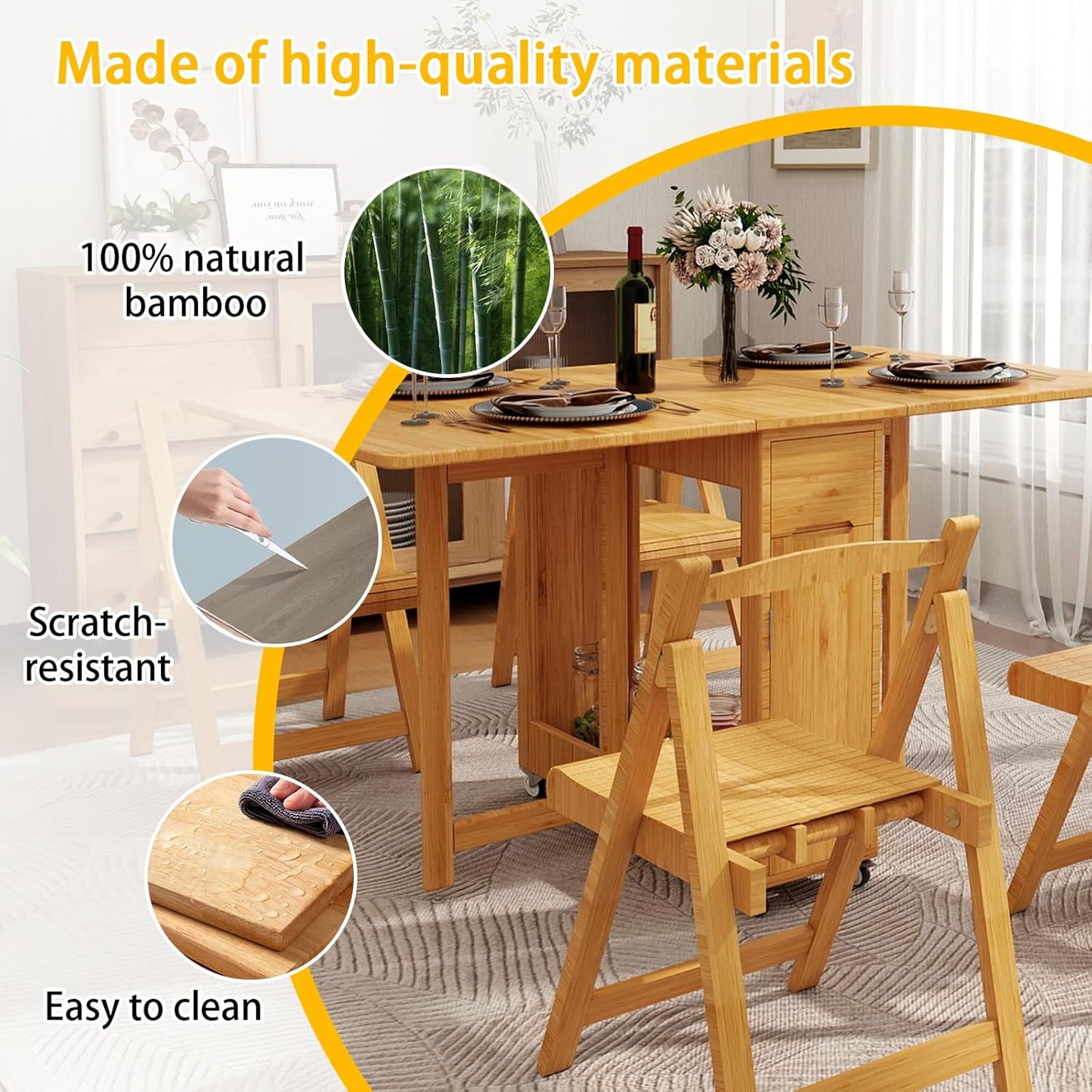 Folding Dining Table Set for 4 with Chairs,Saving Spaces Foldable Drop-Leaf Table Bamboo Collapsible Dinette with Storage for Small Spaces Dining Room Kitchen,No Assembly Required(Wood Color)