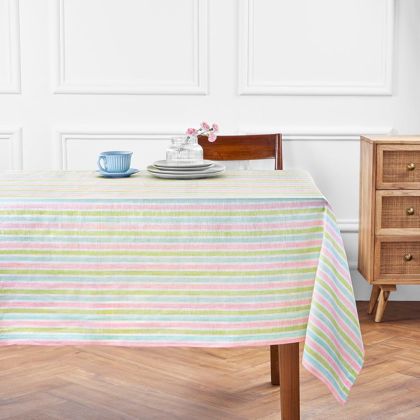Solino Home Linen Round Tablecloth 70 Inch - Amalfi Stripe, 100% Pure Linen Violet and White Round Tablecloth - Machine Washable Table Cloth for Summer