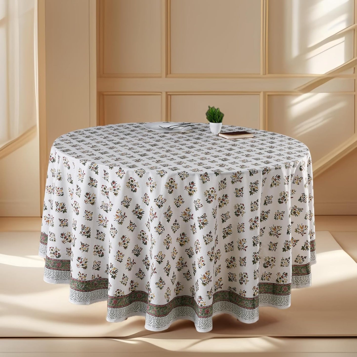 CPC Round Tablecloth- Cotton Indian Block Print Tablecloth -Handmade Printed Washable Cotton Table Cloth - Spring/Summer, Weding Table Cover - Blue Sapphire 110 Inch